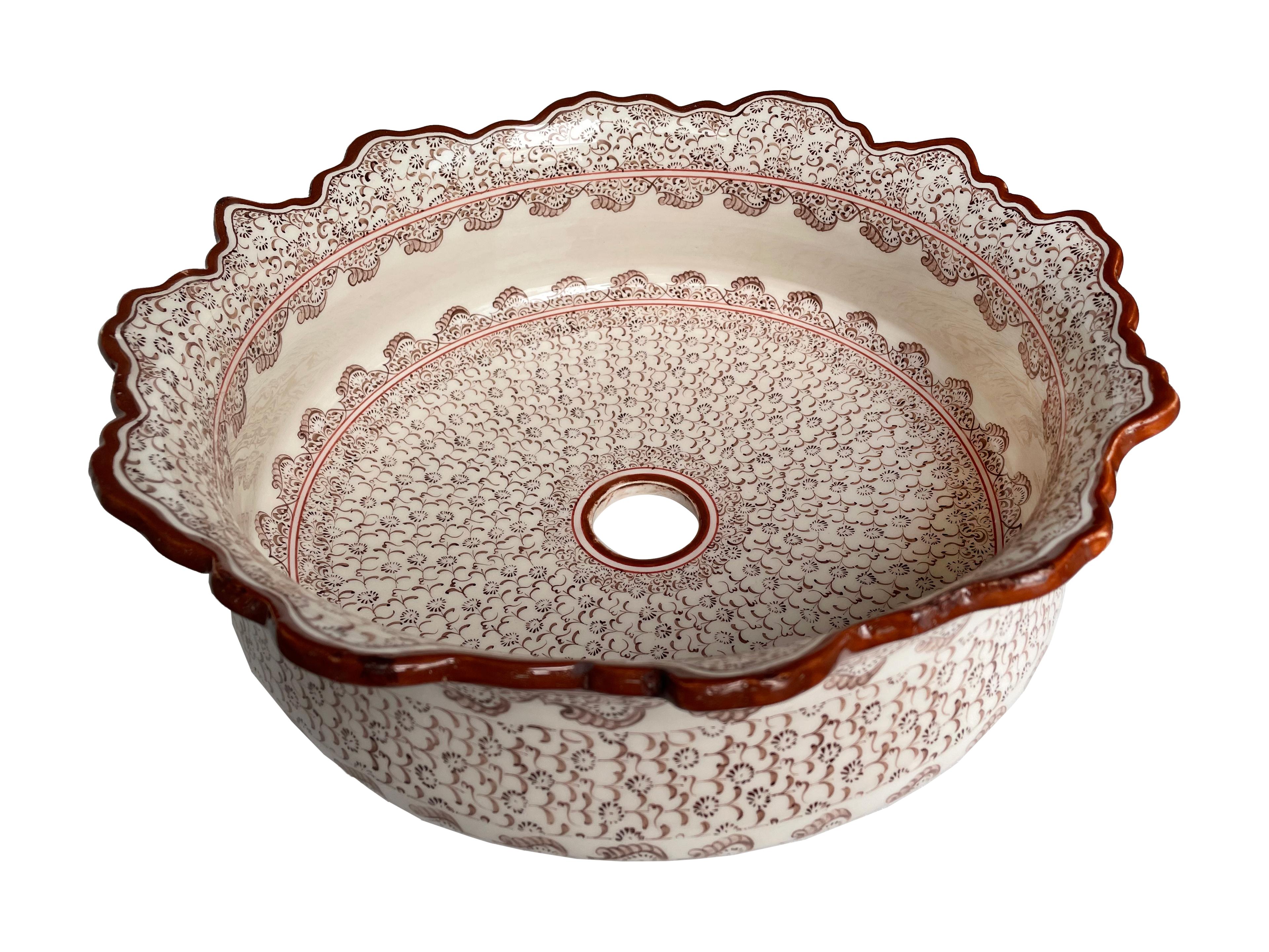 Hand Painted Bathroom Ceramic Vessel Sink Countertop - Brown Golden Horn with Speacial Rim