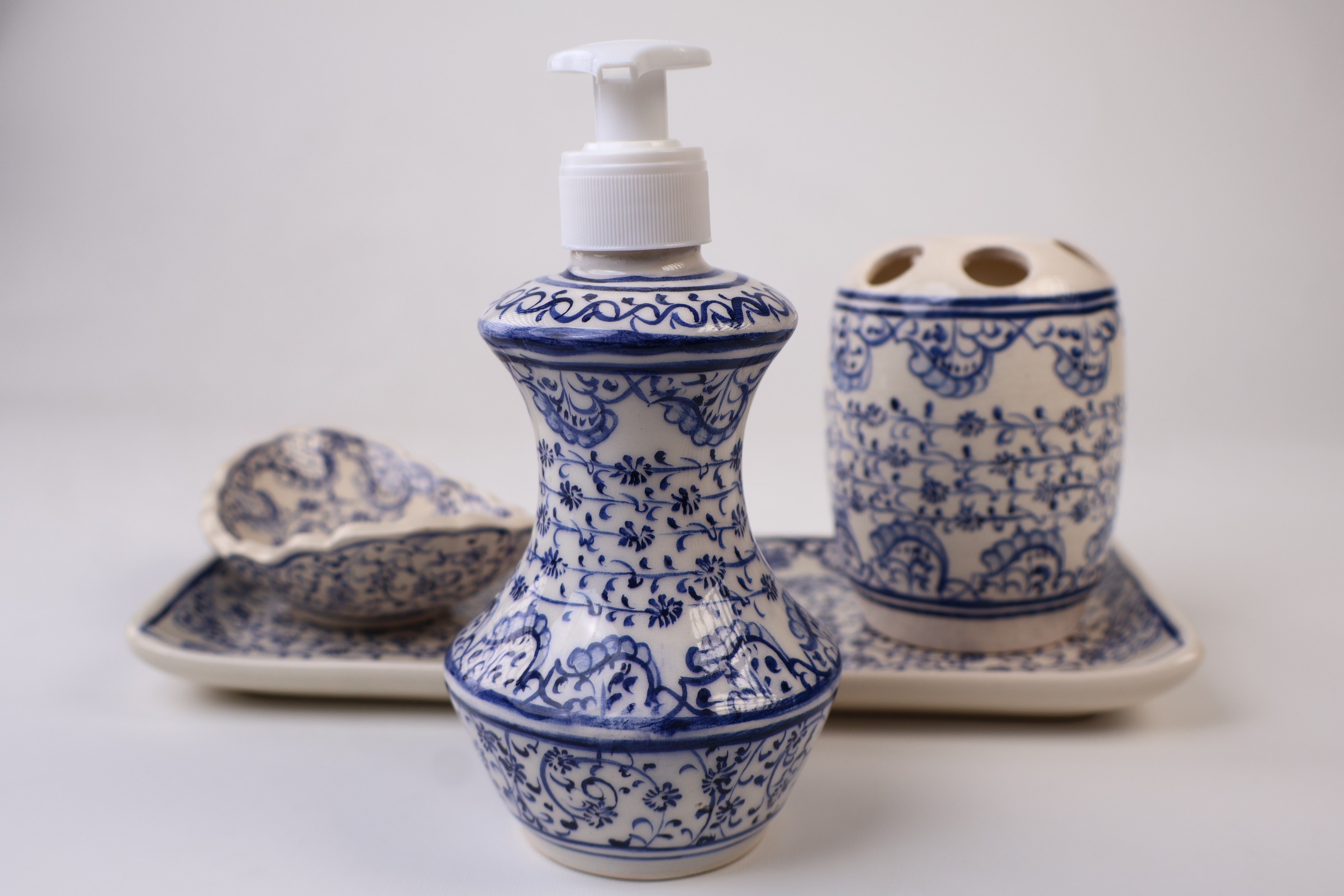 Handmade Ceramic Bathroom Accessory Set & Blue Golden Horn - Zeem Ceramic Craftsmanship