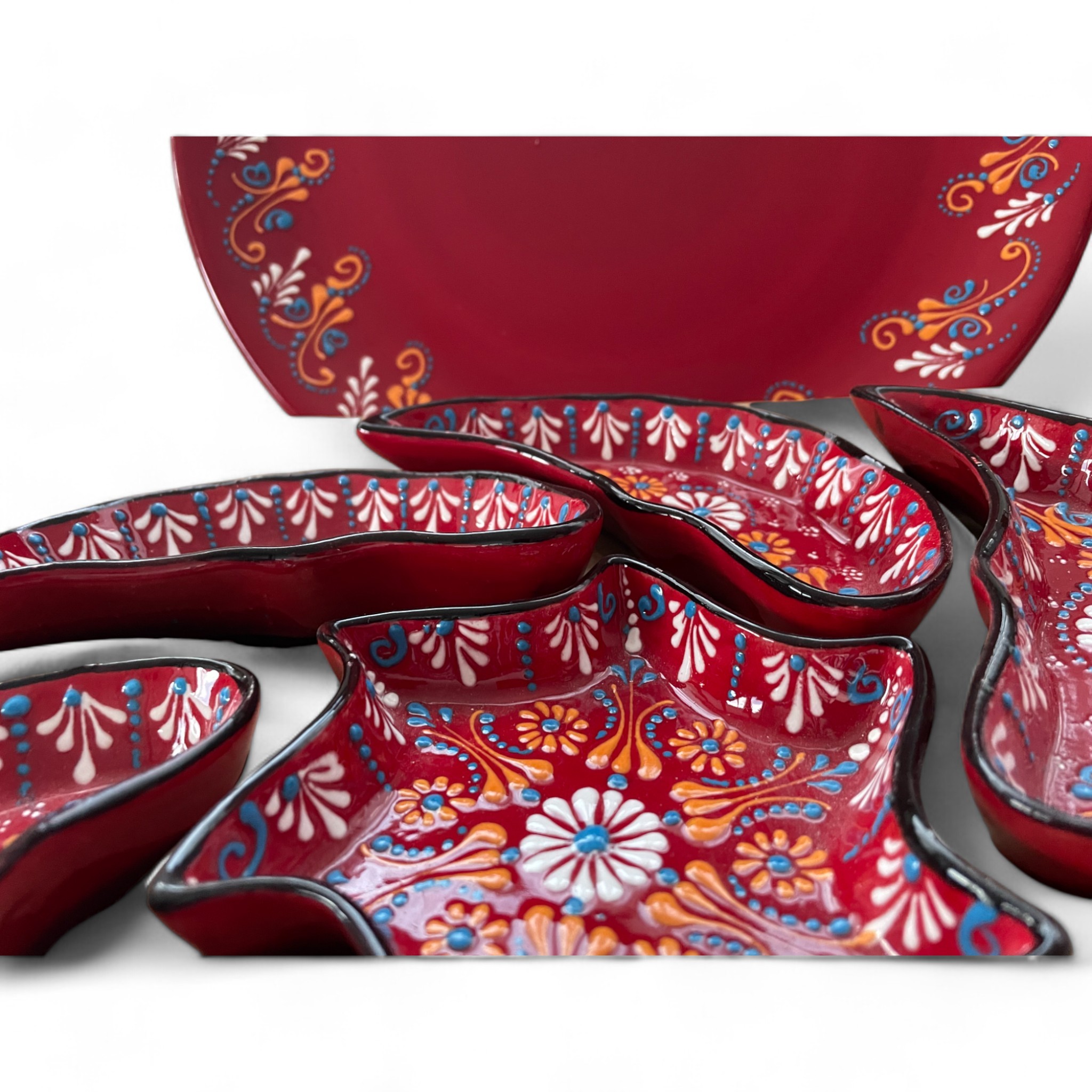 Handcrafted Snack, Nuts Serving Platter and Crudite Dish Set - Raised Relief Pattern - Red