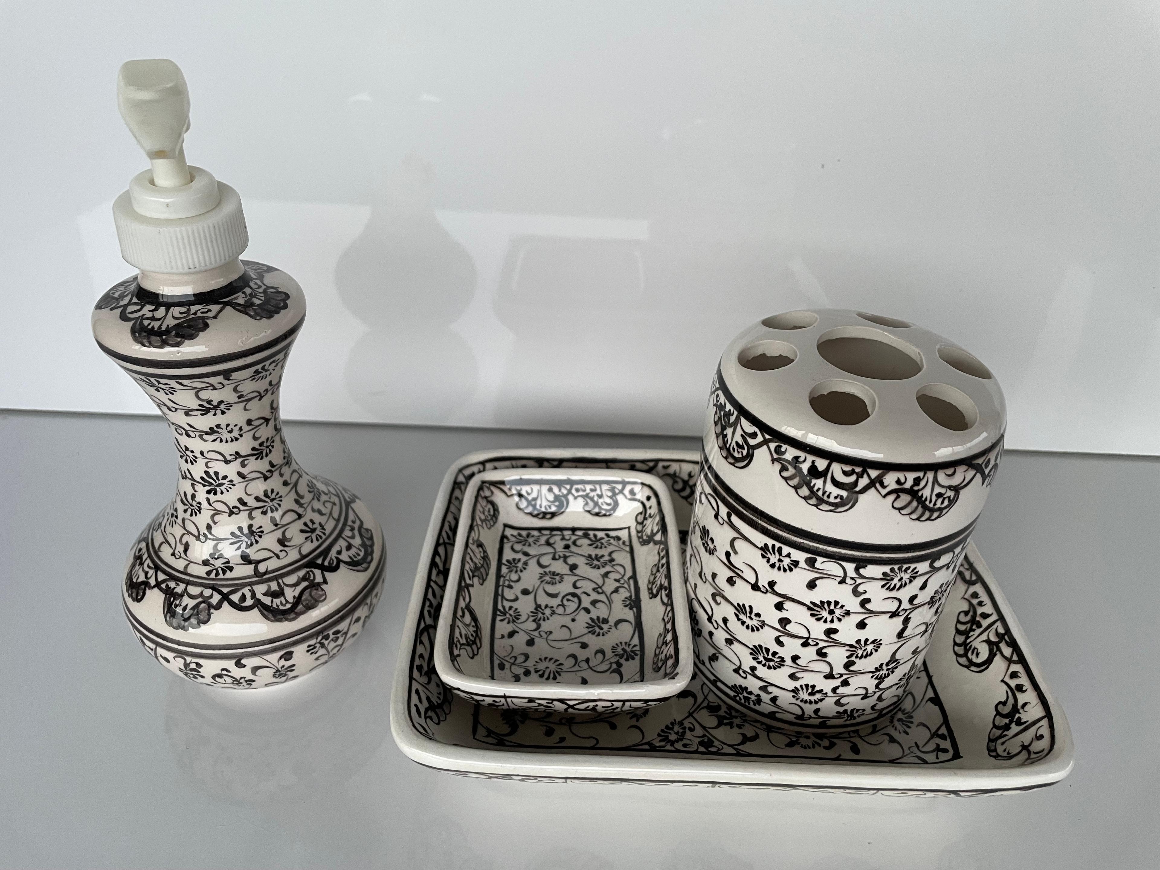 Hand Painted Ceramic Bathroom Accessory Set - Spiral Geometric Design