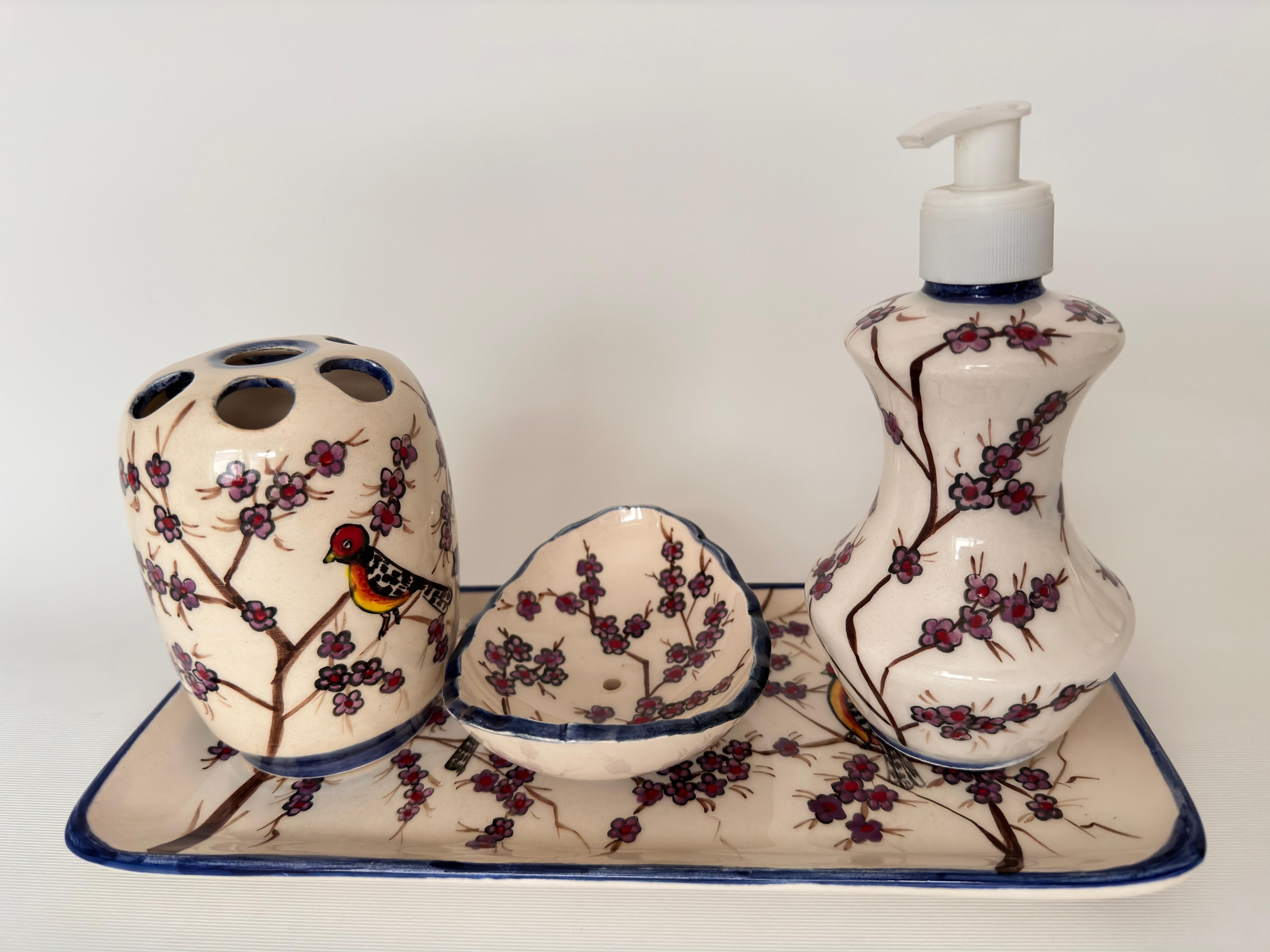 Hand Painted Ceramic Bathroom Accessory Set - Birds in the Cherry Blossom Tree