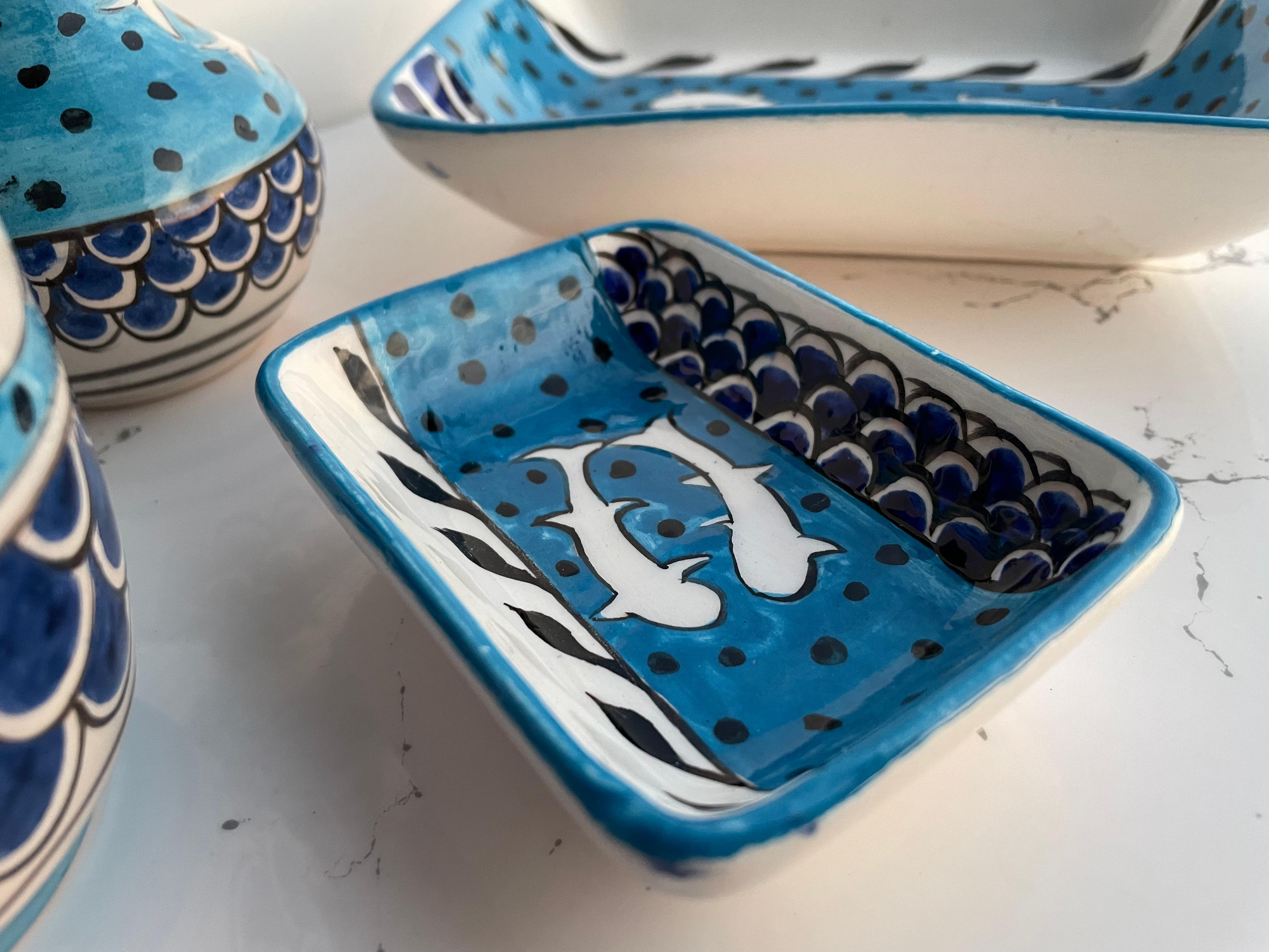 Hand Painted Ceramic Bathroom Accessory Set - Sharks in the Ocean