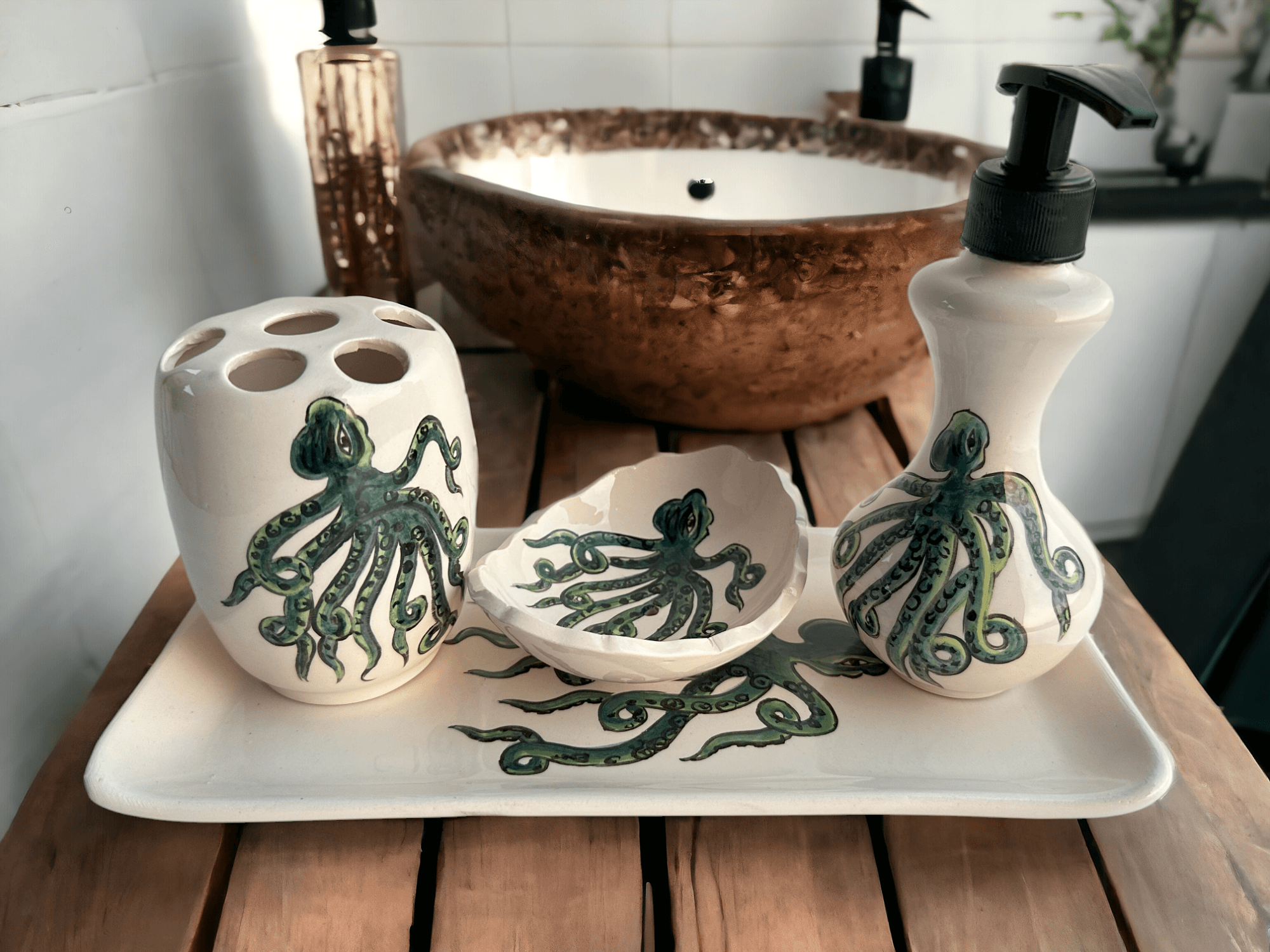 Hand Painted Ceramic Bathroom Accessory Set - Octopus