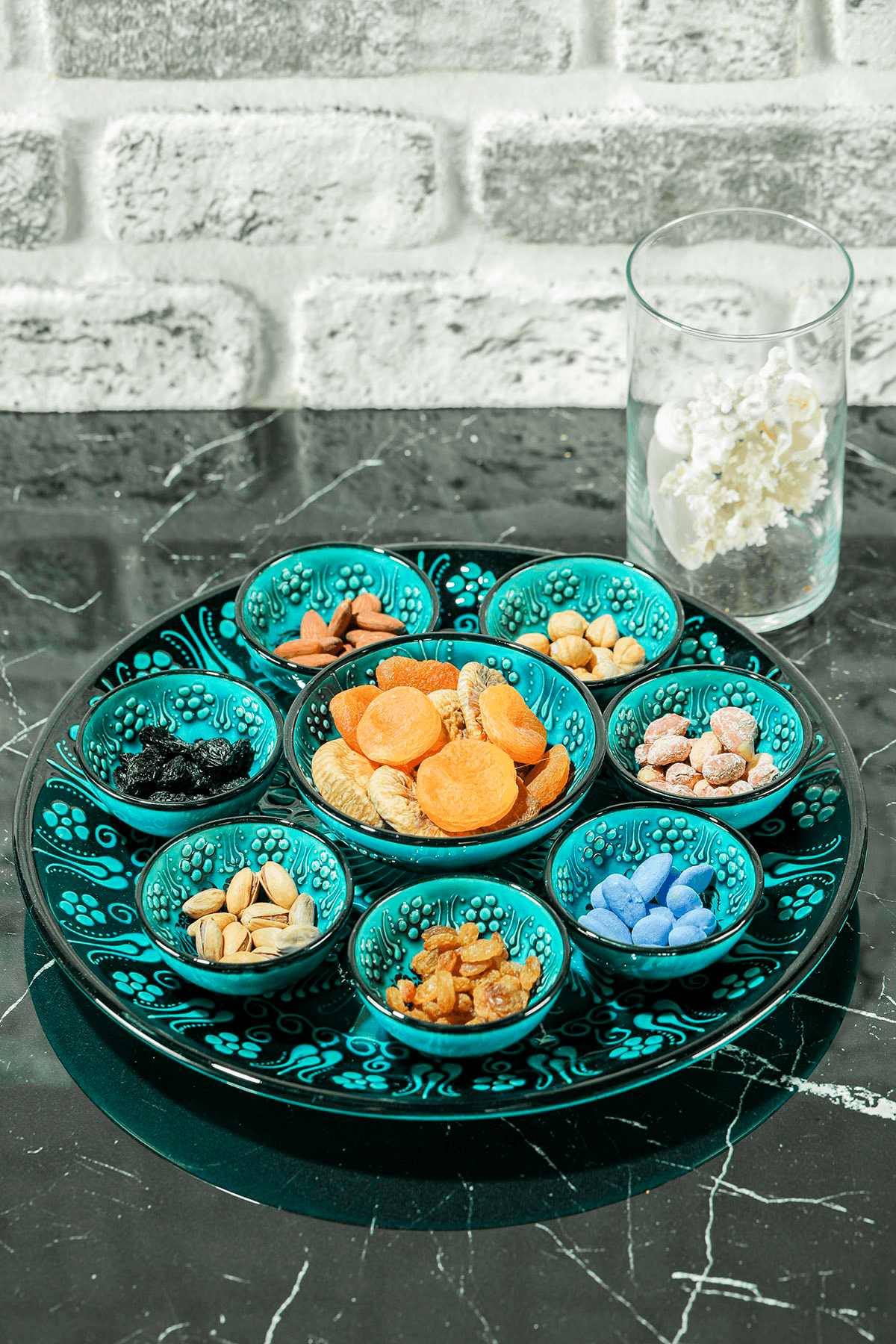 Hand Painted Snack Serving Platter and Dish Crudite Set - Embossed Floral - Turquoise