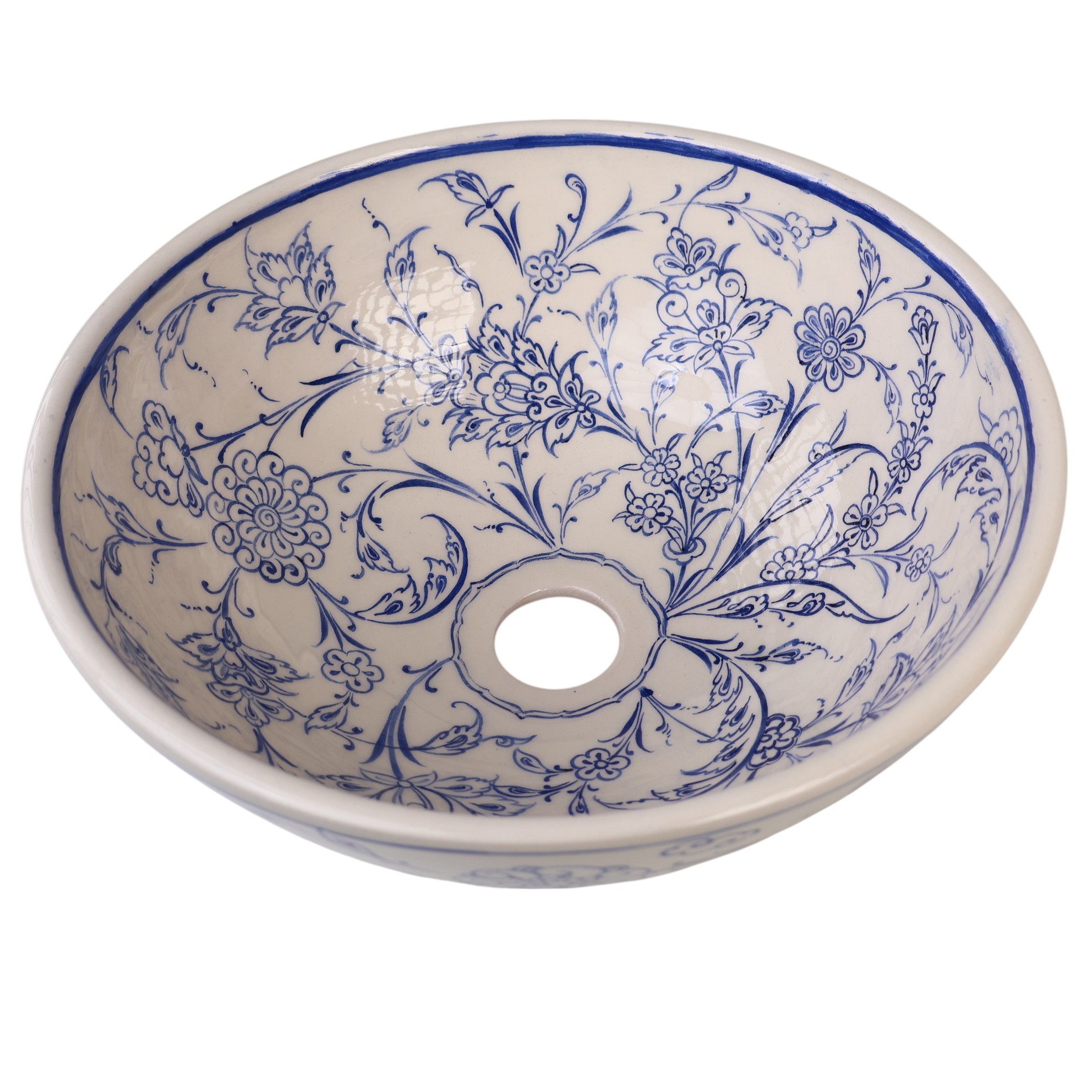 Iznik Tile Inspired Handmade Ceramic Sink – Blue Botanical Bathroom Basin – Zeem Ceramic