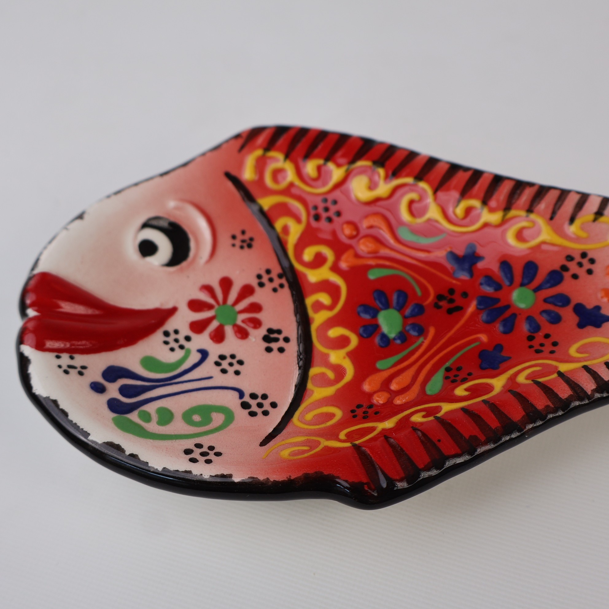 Handcrafted Fish Shaped Ceramic Spoon Rest - Raised Relief Floral Patterns (Variety of Colors) - Red