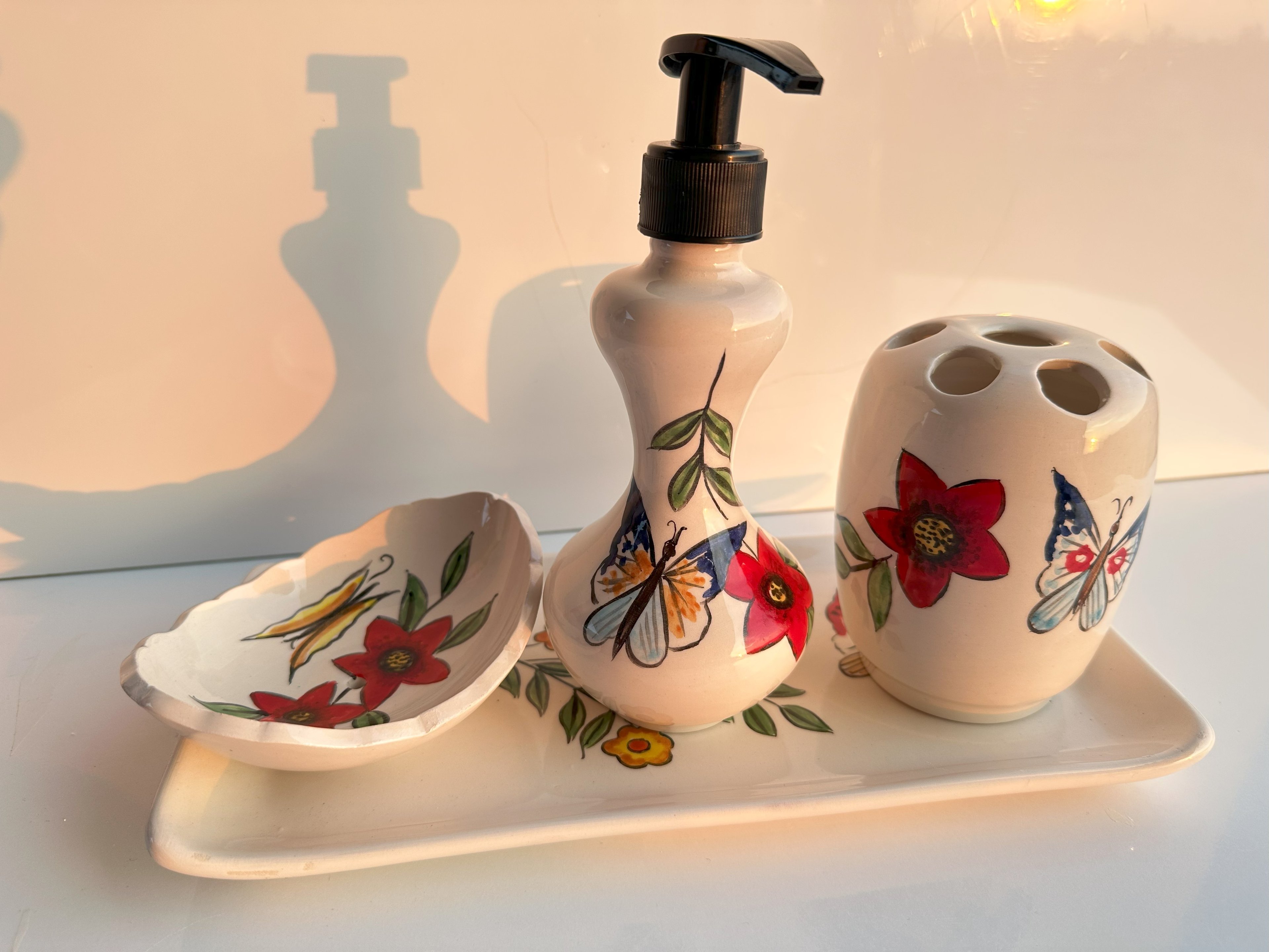 Hand Painted Ceramic Bathroom Accessory Set - Birds and Butterflies