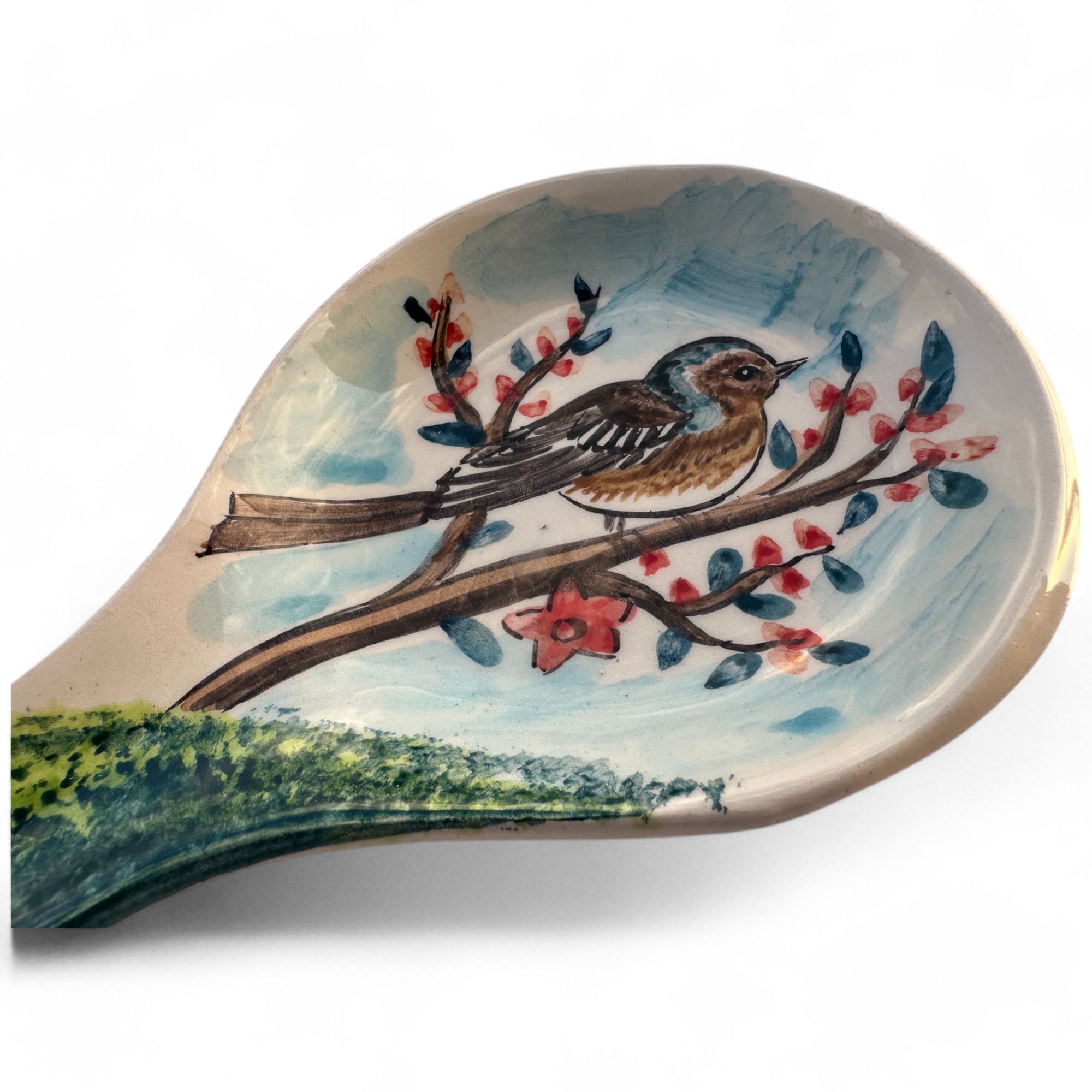 Handcrafted Animal Patterned Ceramic Spoon Rest - Hand Painted Sea Design Spoon Holder - Alone Bird