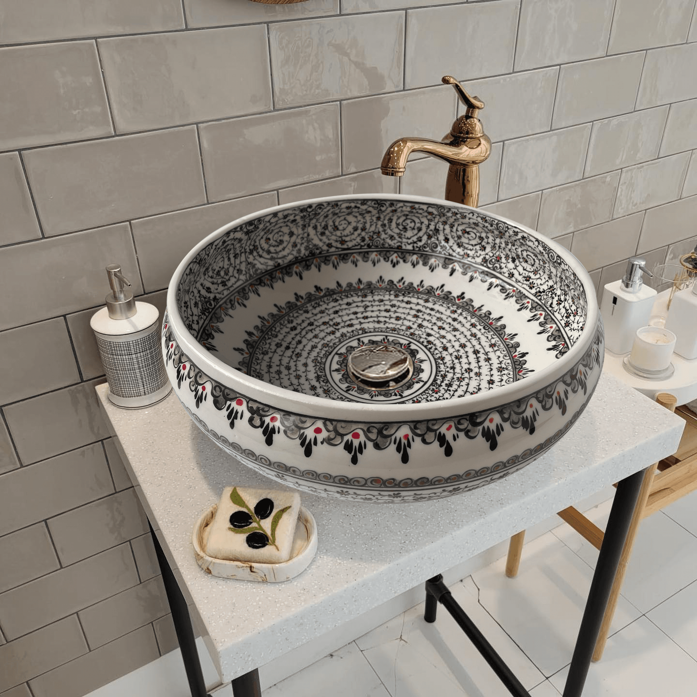 Hand-Painted Bathroom Vanity Top Ceramic Vessel Sink - Golden Horn and Red Dots