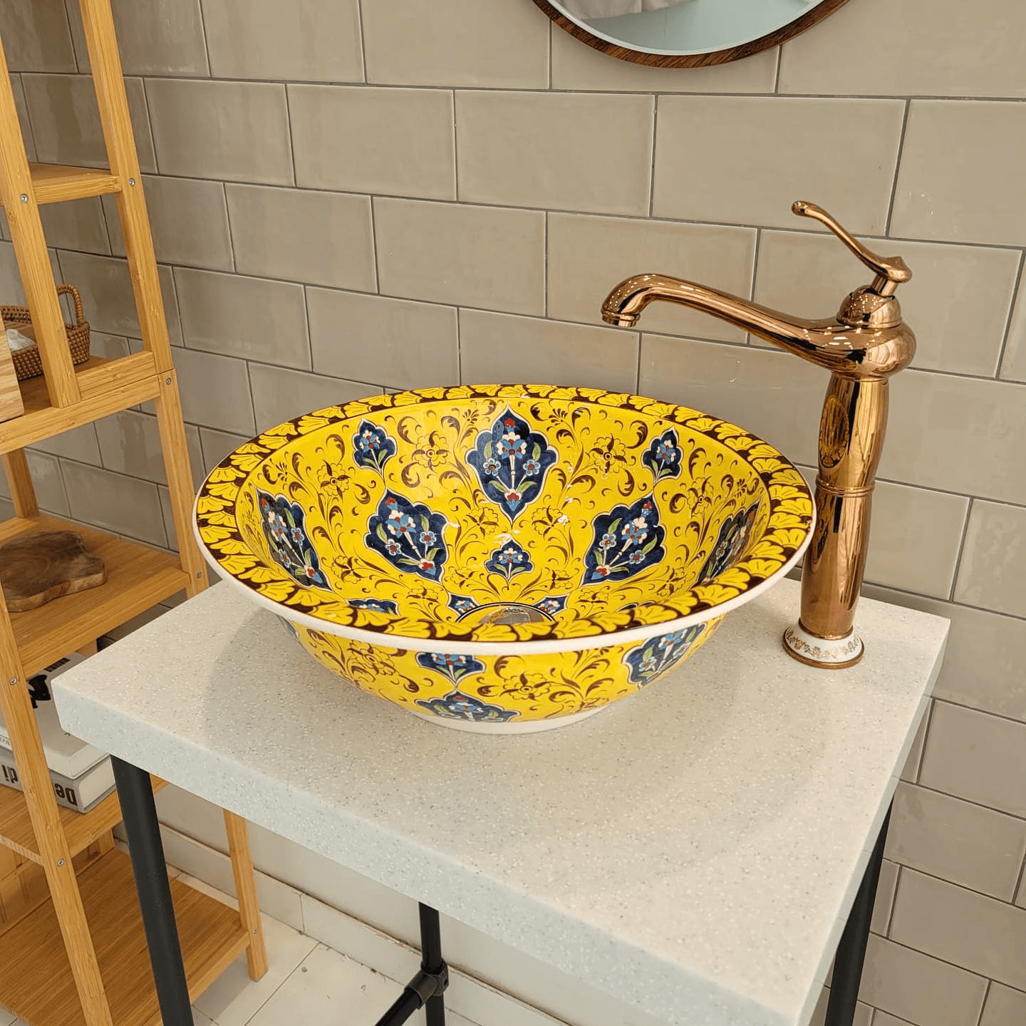 Hand Painted Bathroom Vanity Top Ceramic Vessel Sink - Blue Floral Design on Yellow Zem