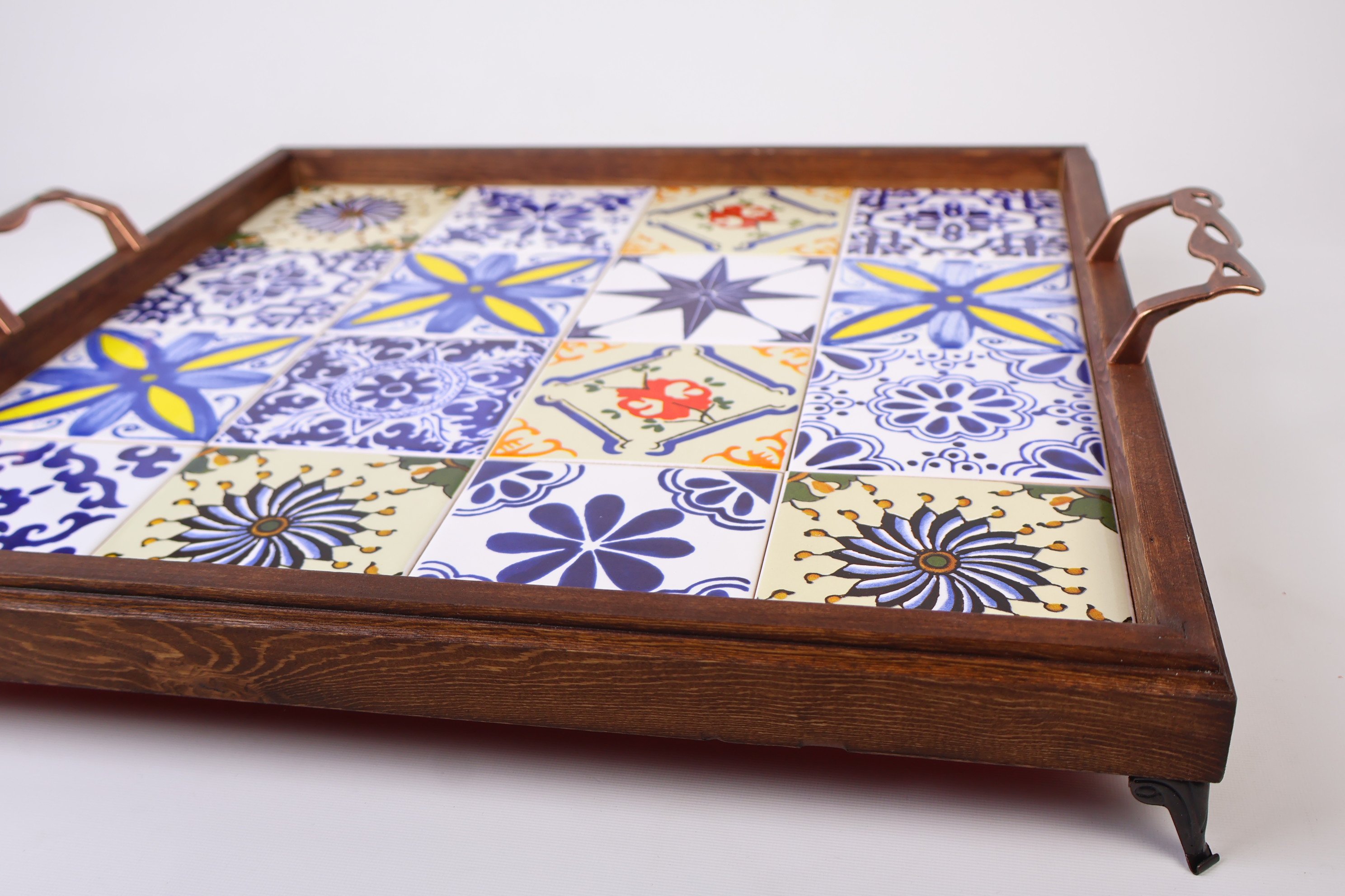 Rustic Wooden Serving Tray with Handles | Handcrafted Mexican & Turkish Tile Design