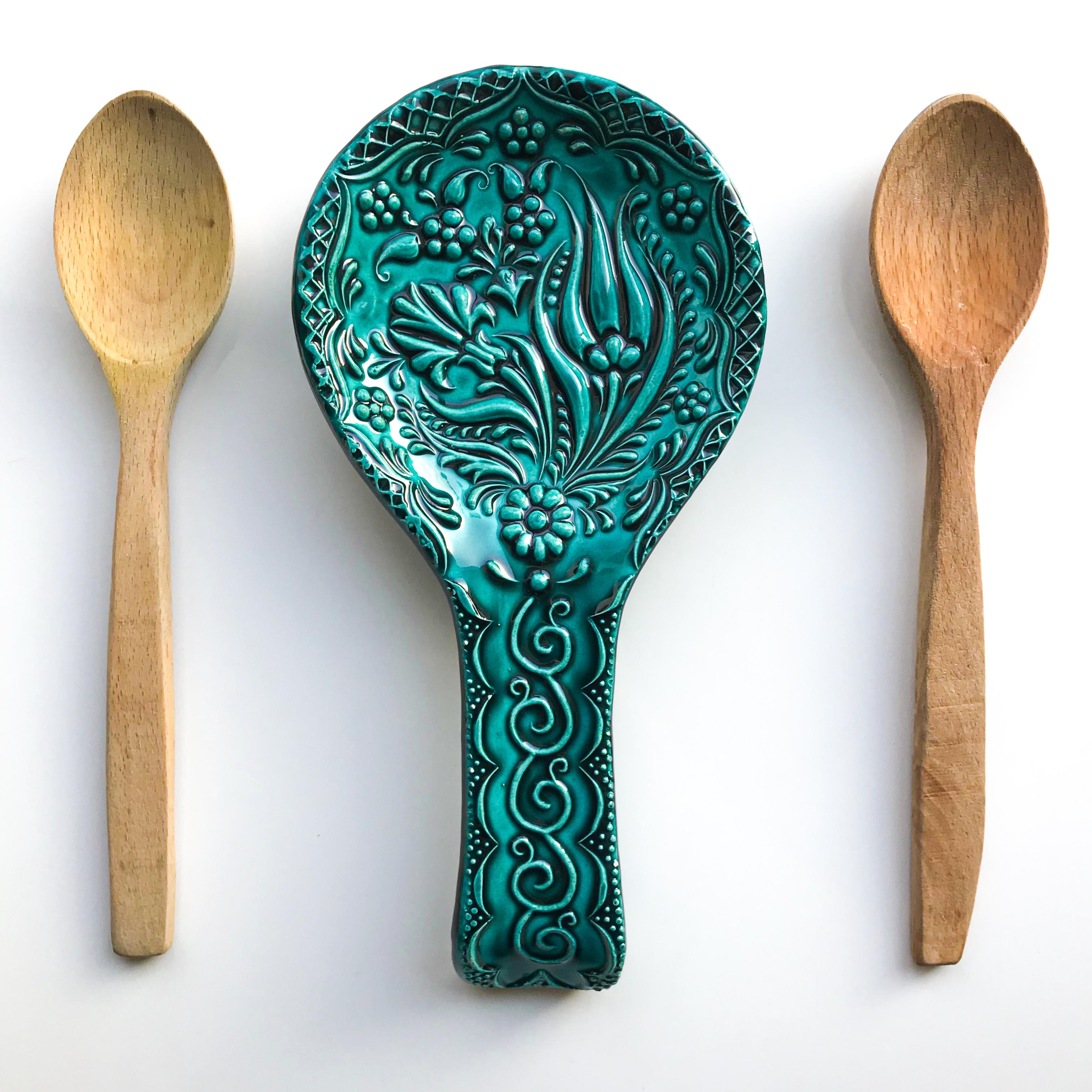 Handcrafted Ceramic Spoon Rest - Embossed Floral Patterns (Variety of Colors)