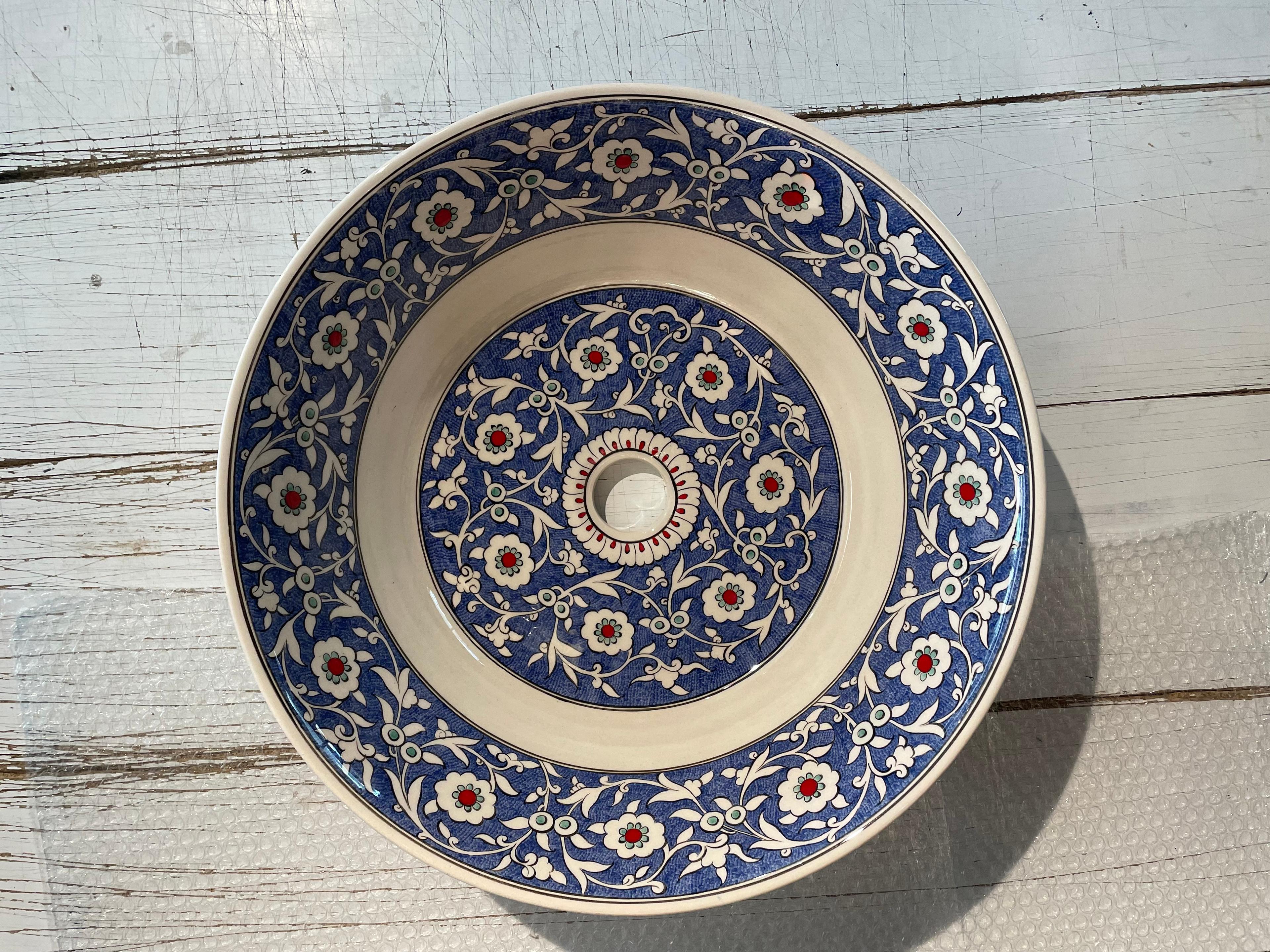 Hand Painted Bathroom Vanity Top Ceramic Vessel Sink - Blue Floral Motifs