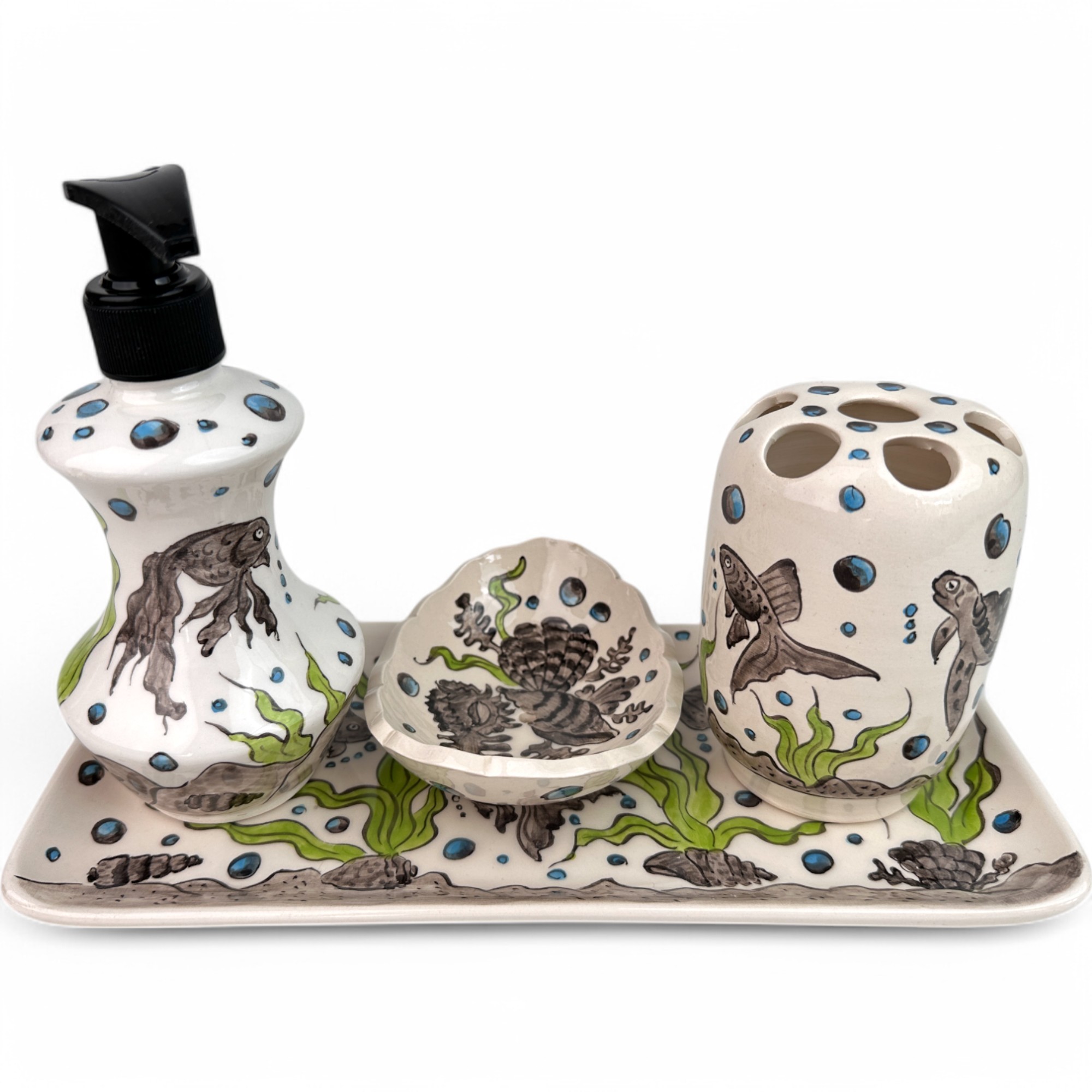 Hand Painted Ceramic Bathroom Accessory Set - Seaweed and Fish