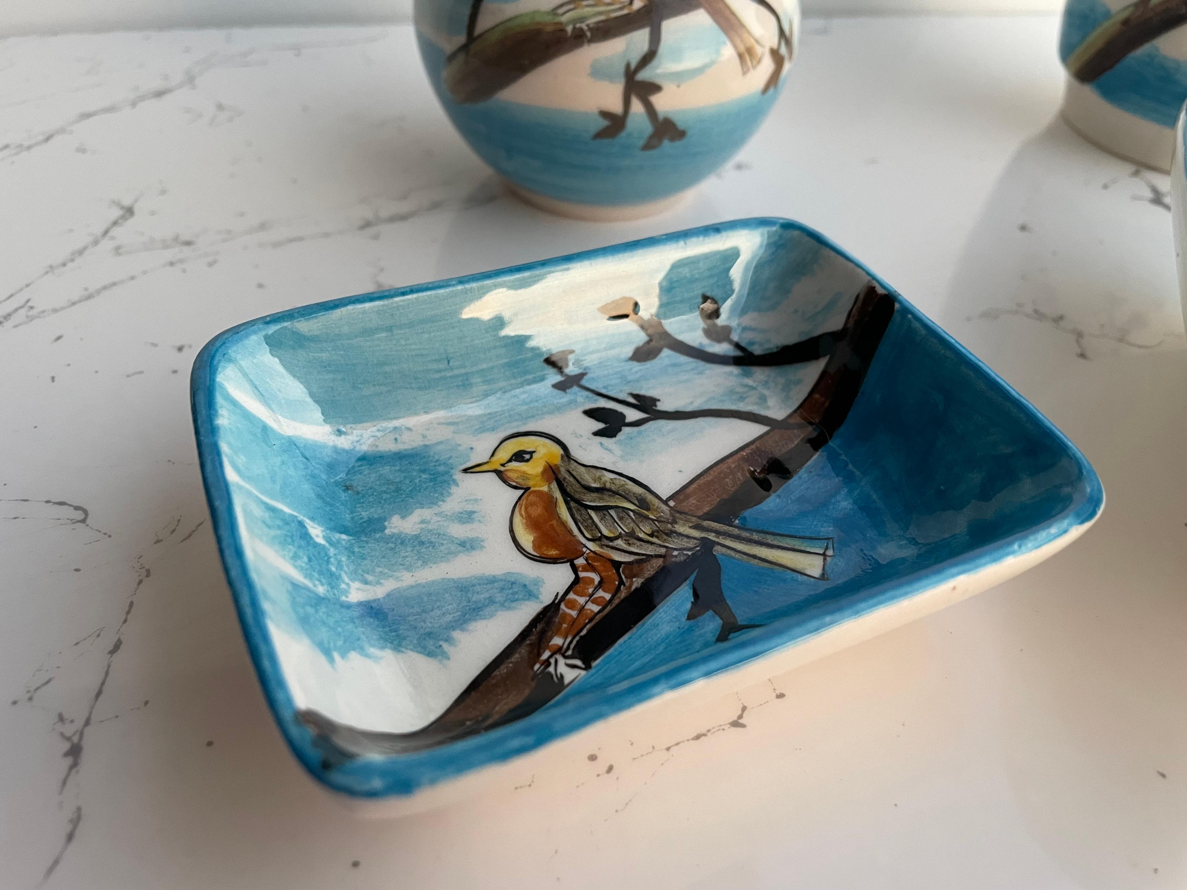 Hand Painted Ceramic Bathroom Accessory Set - Birds