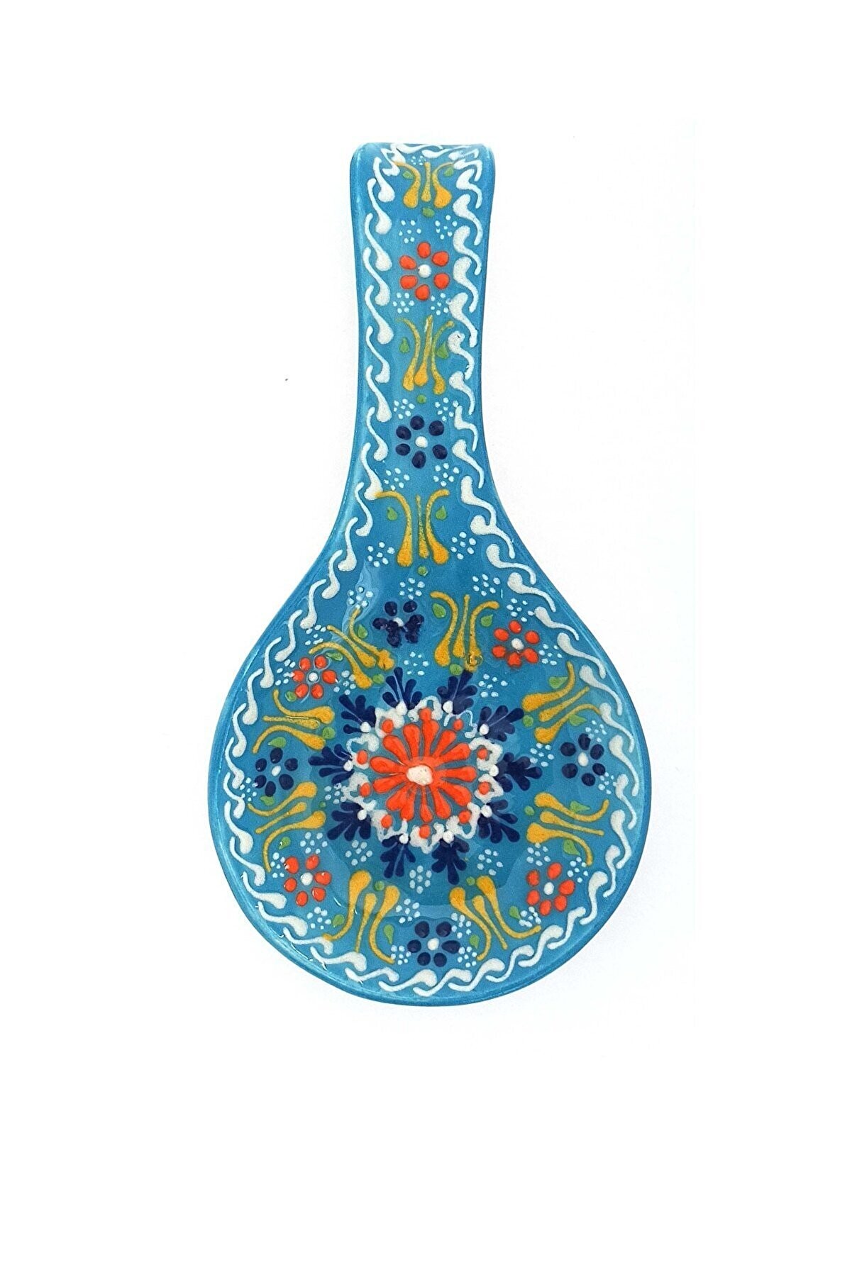 Hand Painted Ceramic Spoon Rest - Embossed Floral Patterns (Variety of Colors) - Blue Relief