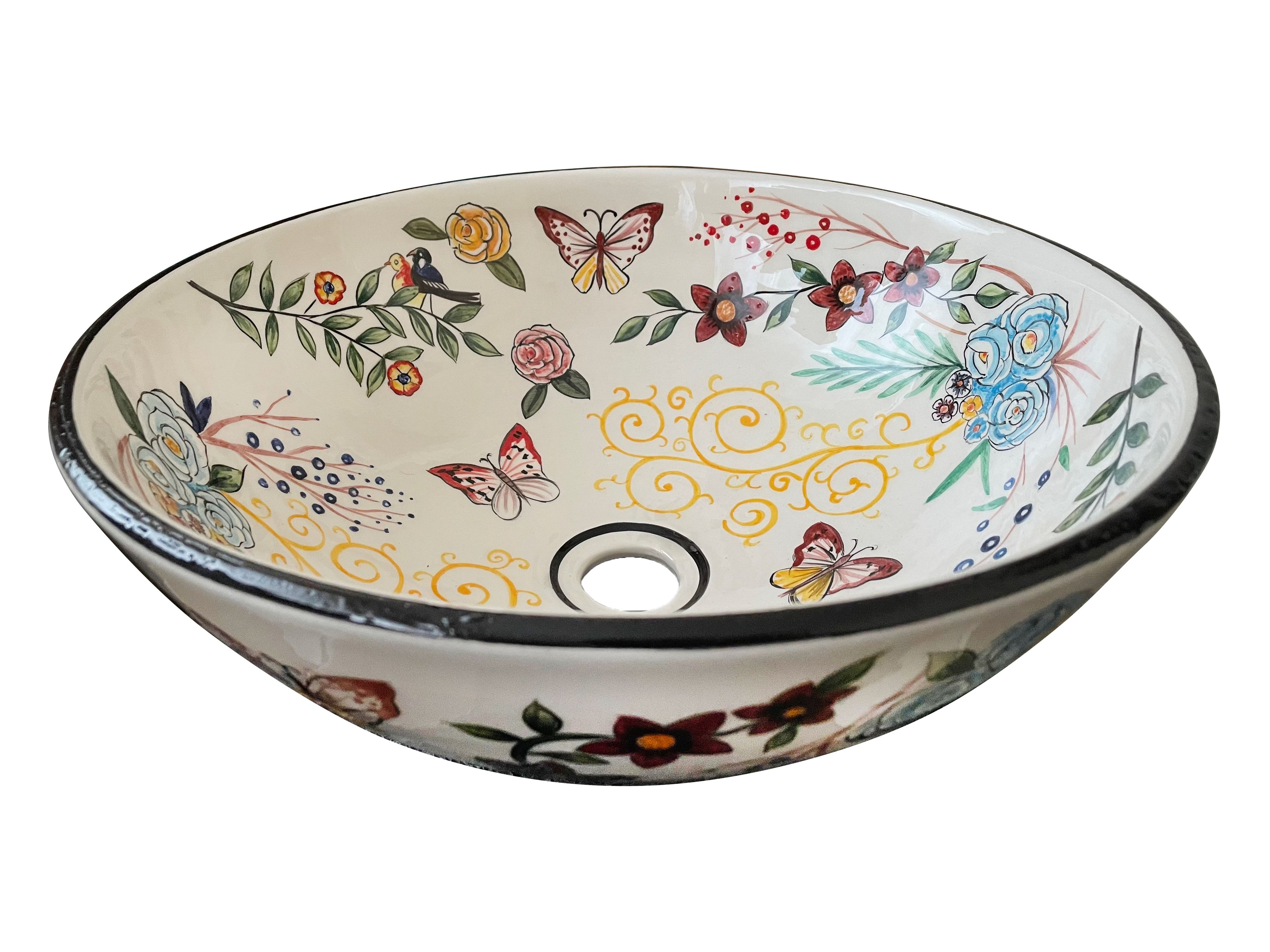 Bathroom Countertop Ceramic Vessel Sink - Butterfly and Flowers