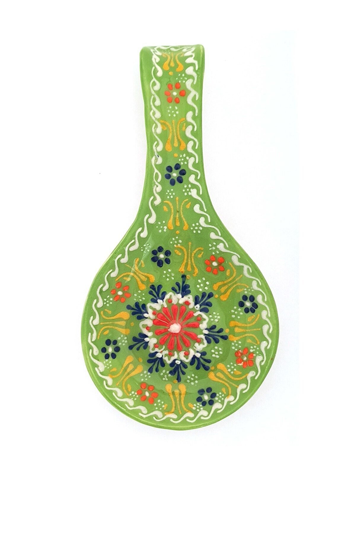 Hand Painted Ceramic Spoon Rest - Embossed Floral Patterns (Variety of Colors) - Green Relief