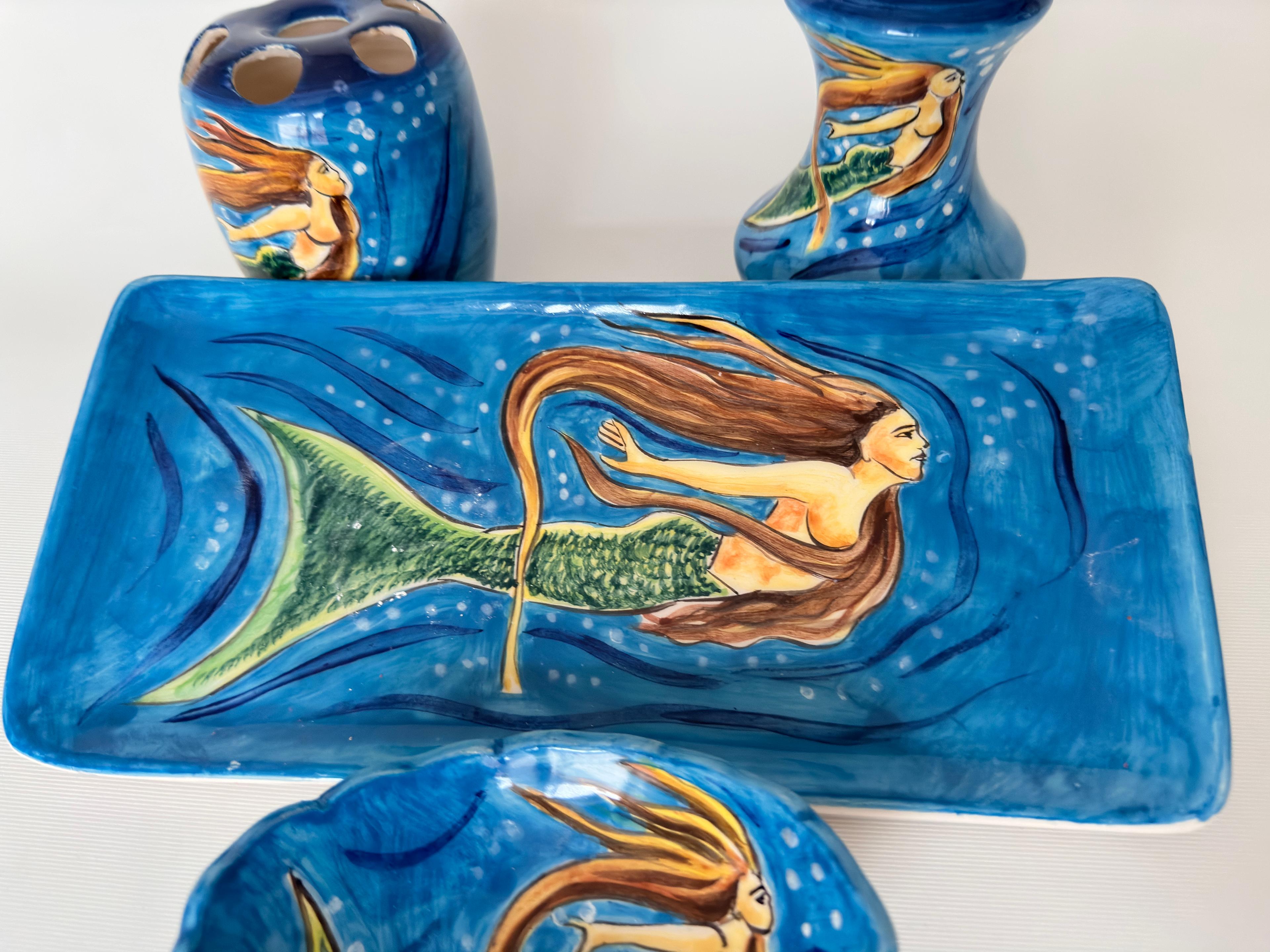 Hand Painted Ceramic Bathroom Accessory Set - Mermaid