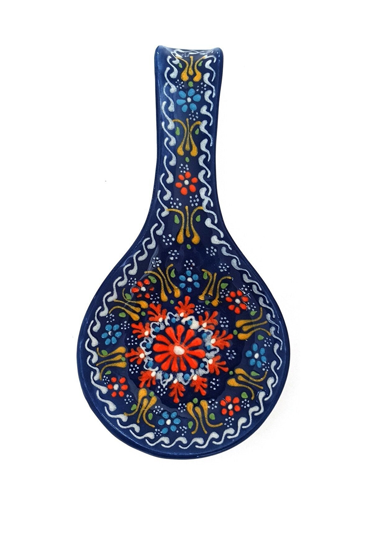 Hand Painted Ceramic Spoon Rest - Embossed Floral Patterns (Variety of Colors) - Navy Blue Relief