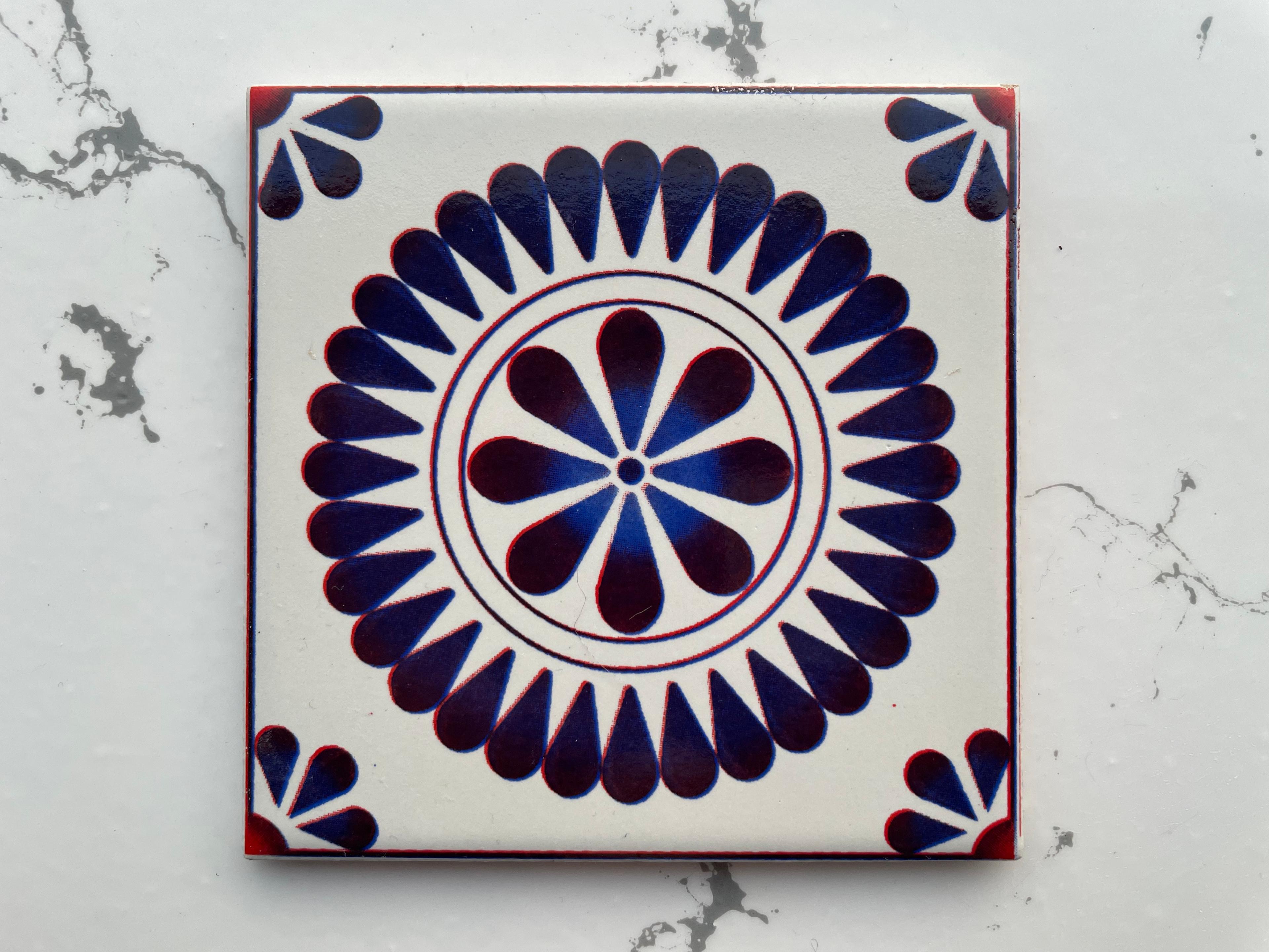 Turkish Backsplash Tile with Iznik Designs - Handcrafted Porcelain Tile for Bathroom Wall - 3.7in [10cm] 