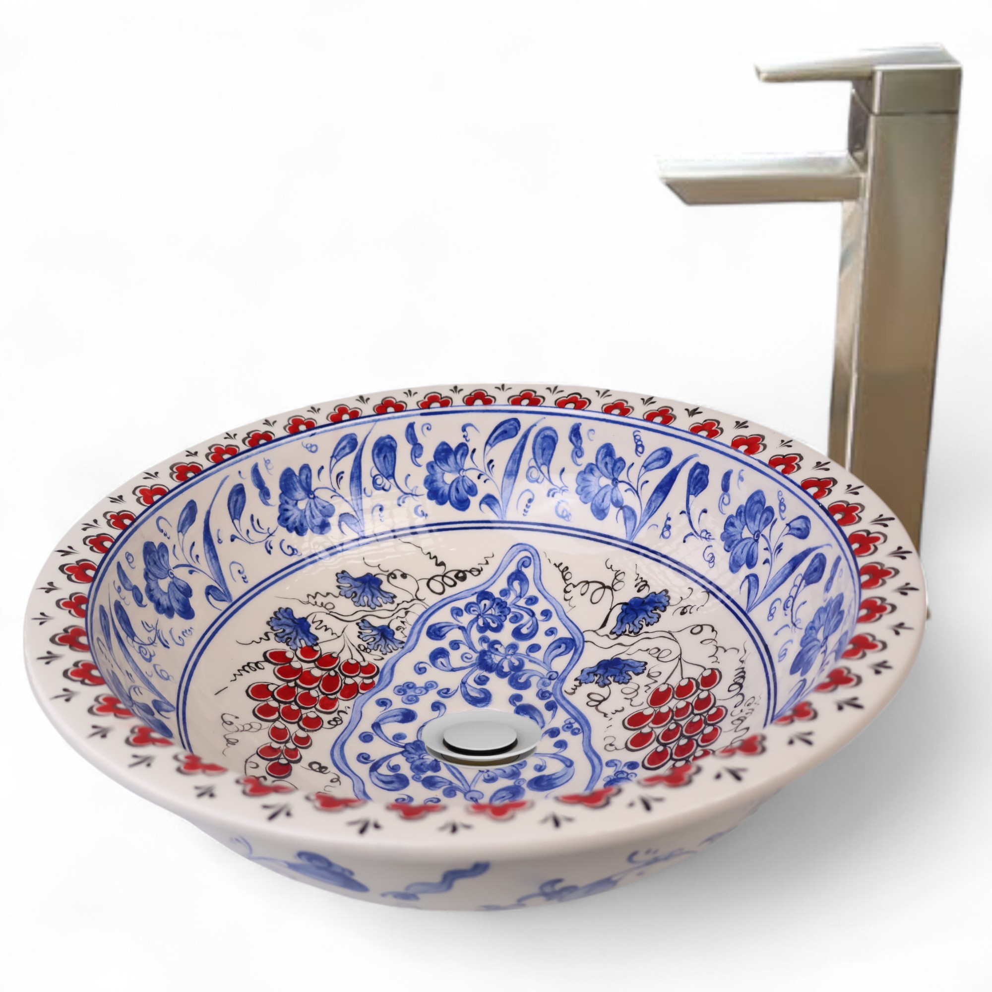 Handcrafted Flat Edge Bathroom Sink – Iznik Pattern Ceramic Vessel for Elegant Remodels