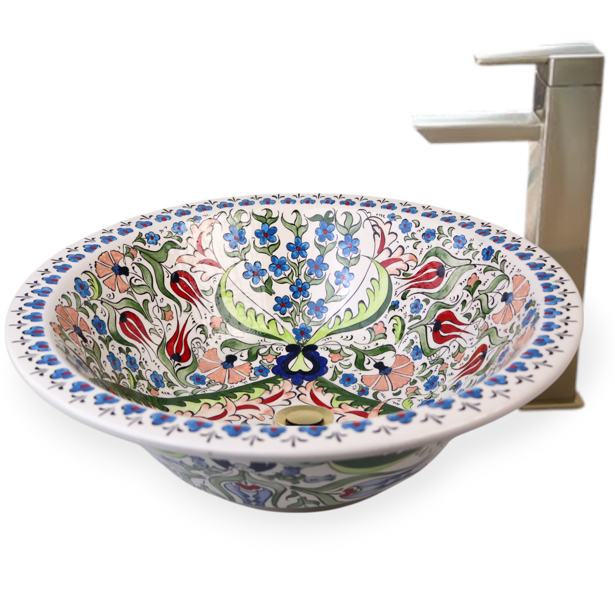 Hand-Painted Ceramic Sink - Turkish Ceramic Bowl Sink | Iznik-Inspired Vibrant Floral Ceramic Decor for Bathroom Remodeling