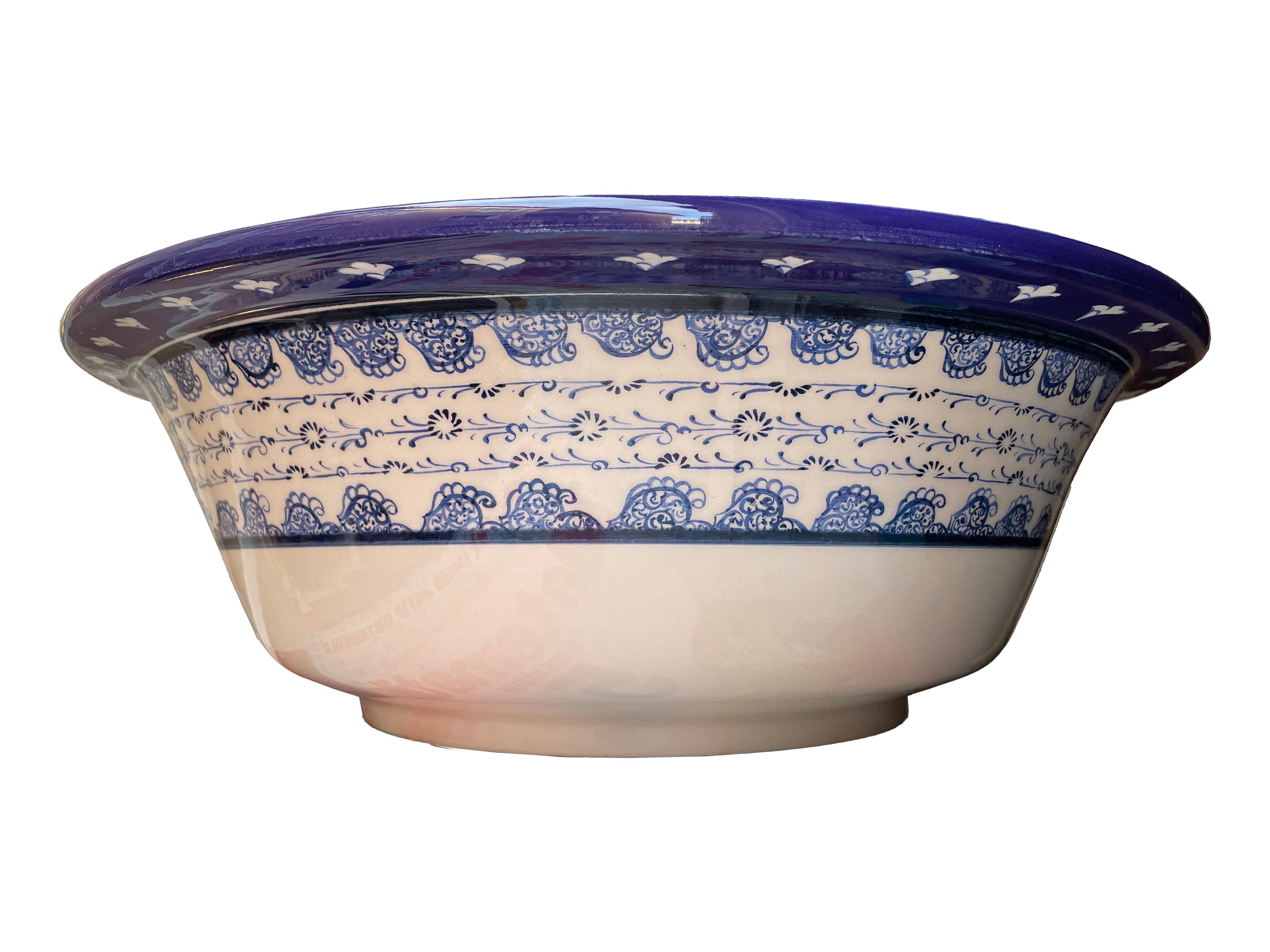 Hand Painted Bathroom Ceramic Vessel Sink Countertop - Blue Golden Horn with Flower Design Rim