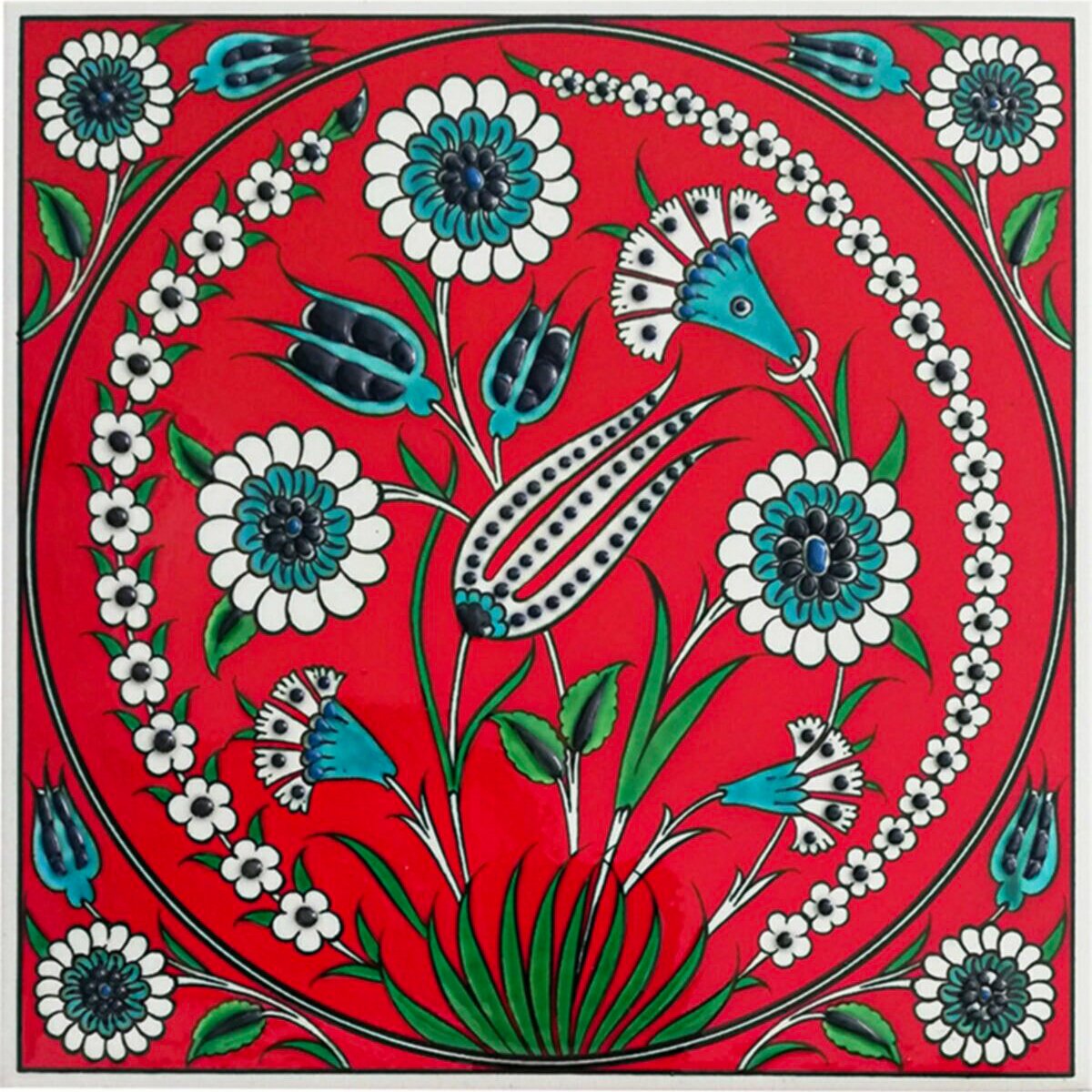 Hand Painted Turkish Ceramic Tile -  Handmade Decorative Floral Patterned Tile - 8 in [20Cm] - Zeem Ceramic