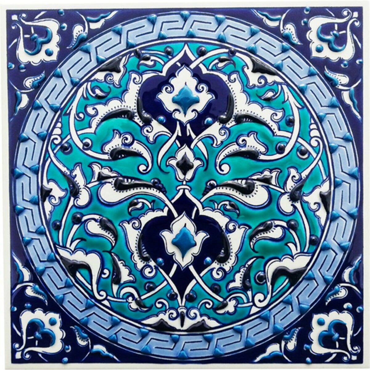 Hand Painted Turkish Ceramic Tile -  Handmade Decorative Geometrical Patterned Tile - 8 in [20Cm] - Zeem Ceramic