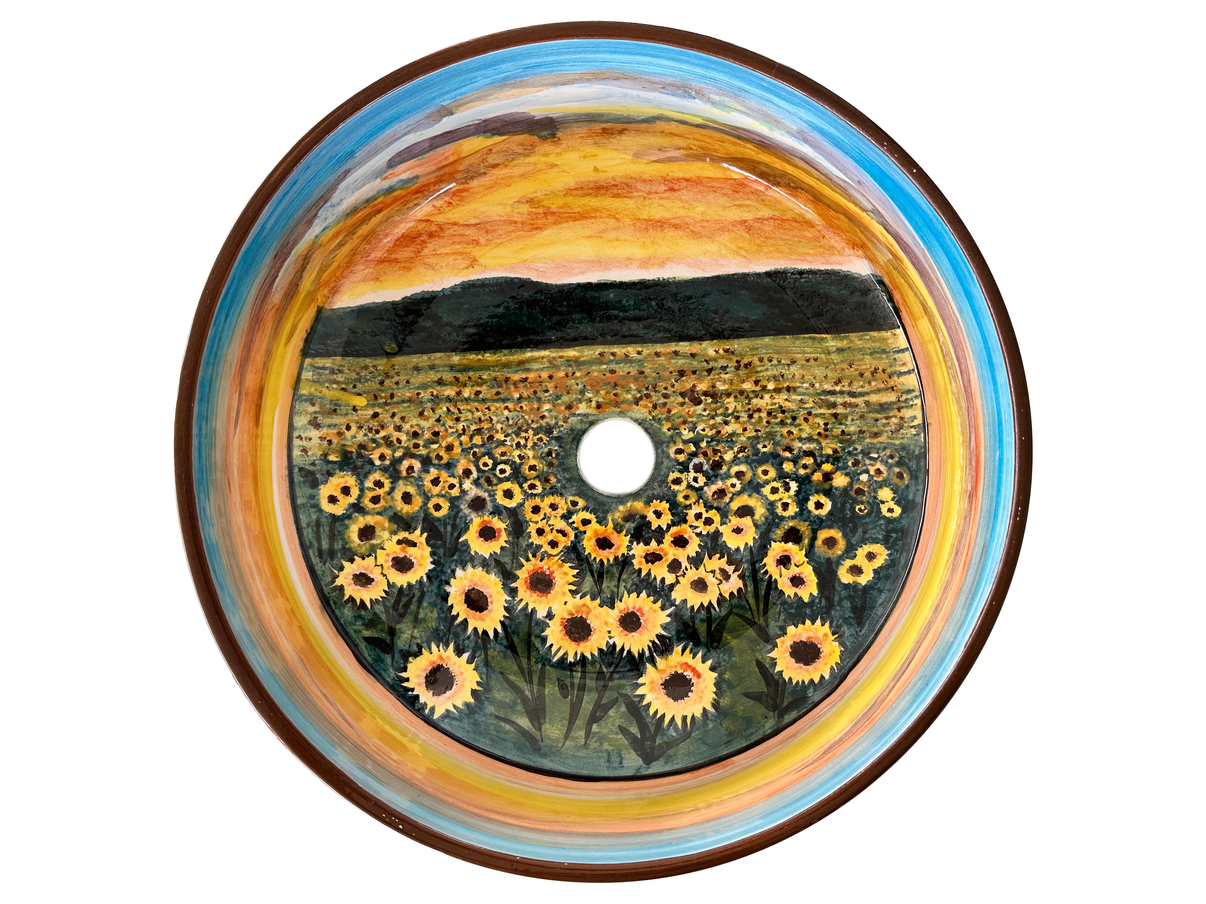 Handcrafted Bathroom Countertop Ceramic Vessel Basin - Sunflowers and Landscape