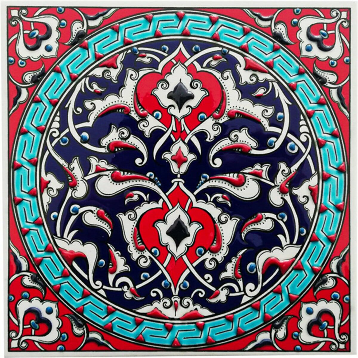 Hand Painted Turkish Ceramic Tile -  Handmade Decorative Geometrical Patterned Tile - 8 in [20Cm] - Zeem Ceramic