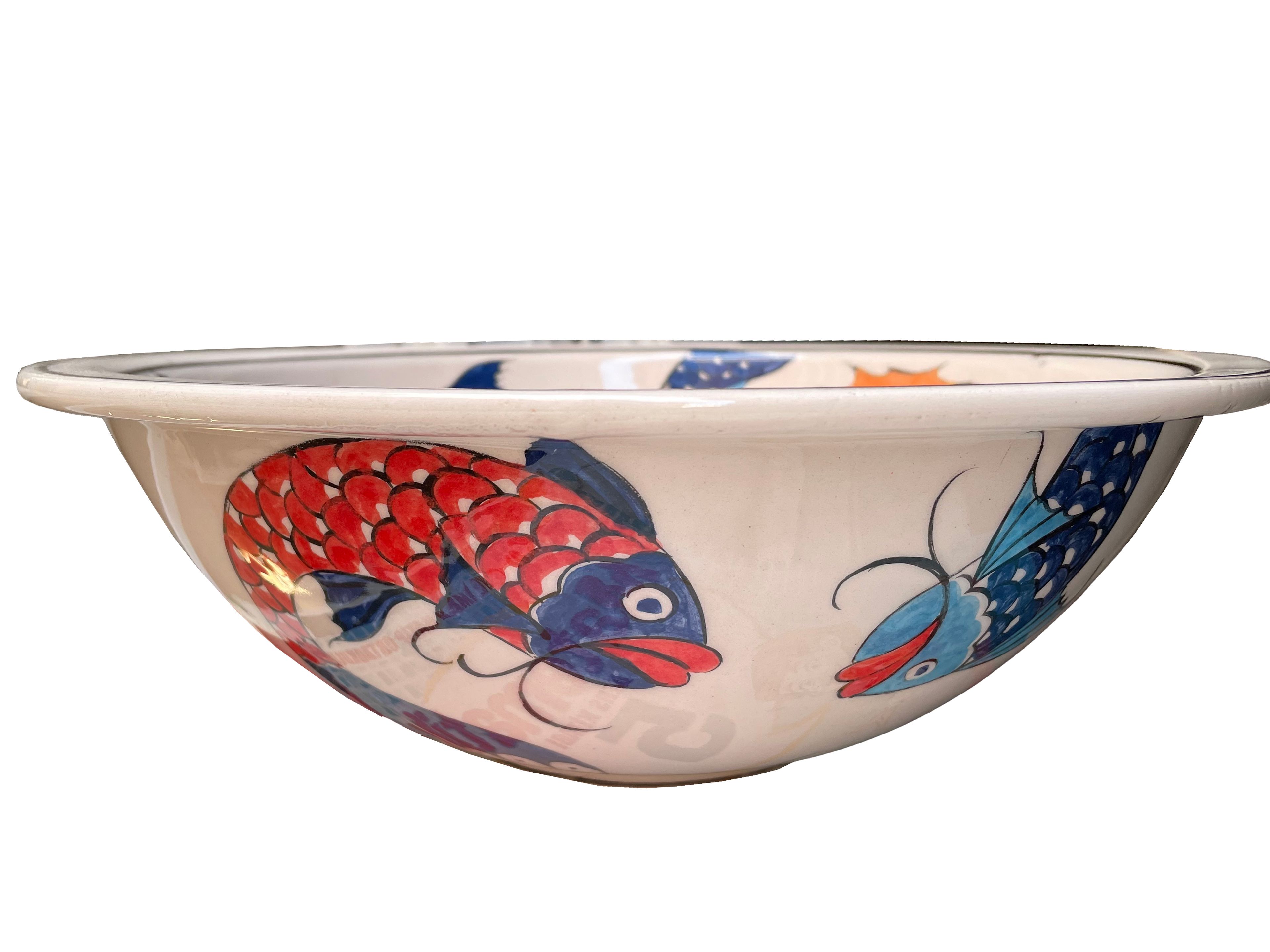 Hand Painted Bathroom Ceramic Vessel Sink Countertop - Fishes