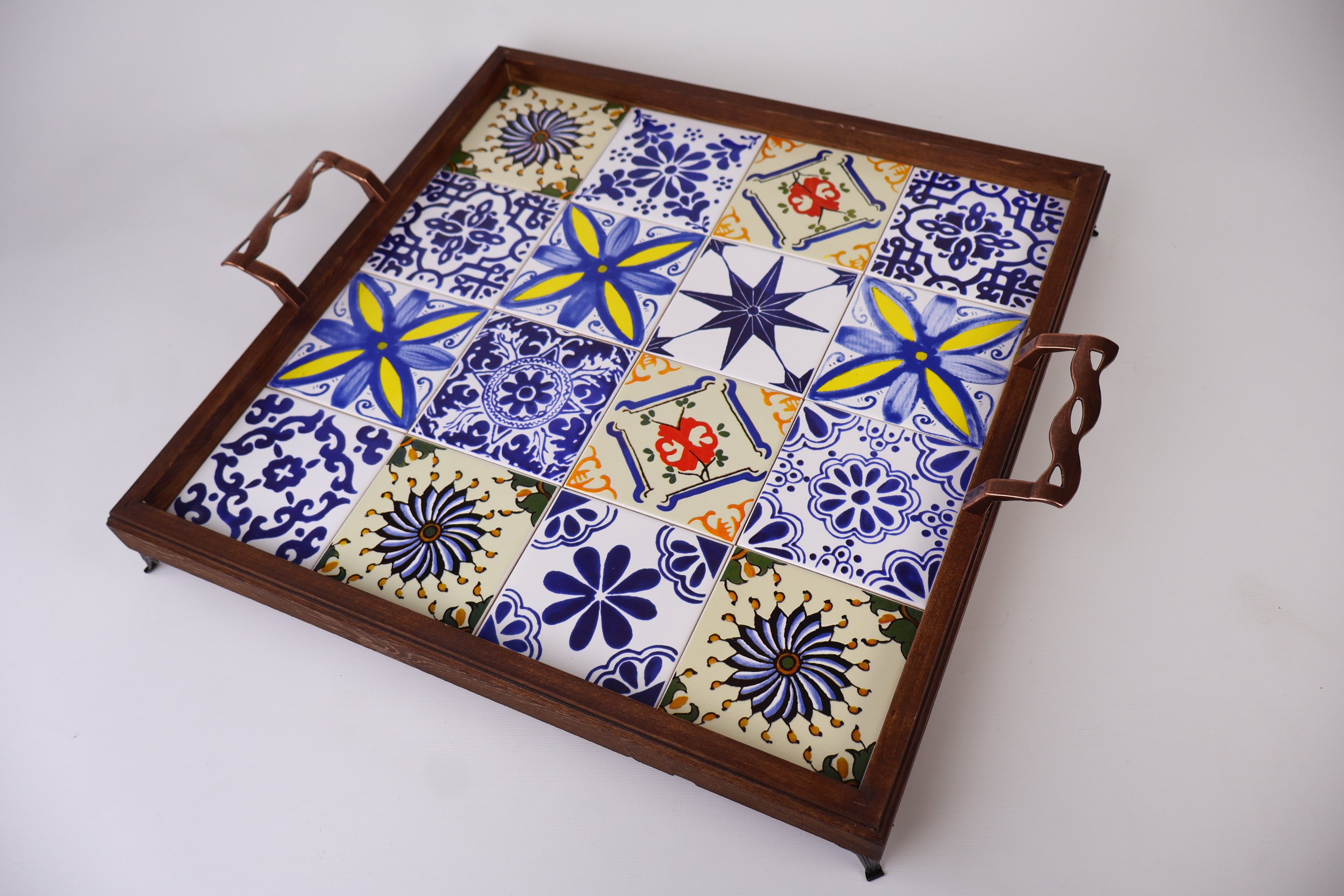 Rustic Wooden Serving Tray with Handles | Handcrafted Mexican & Turkish Tile Design