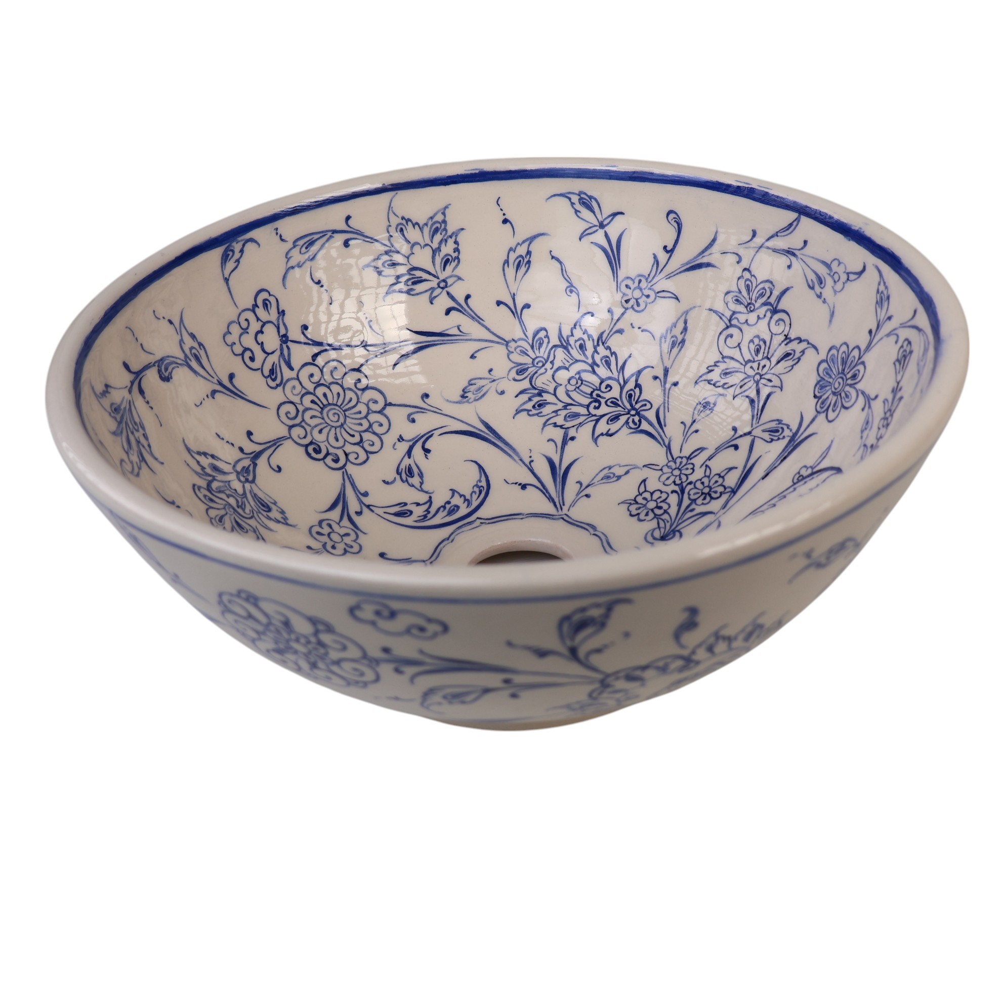 Iznik Tile Inspired Handmade Ceramic Sink – Blue Botanical Bathroom Basin – Zeem Ceramic
