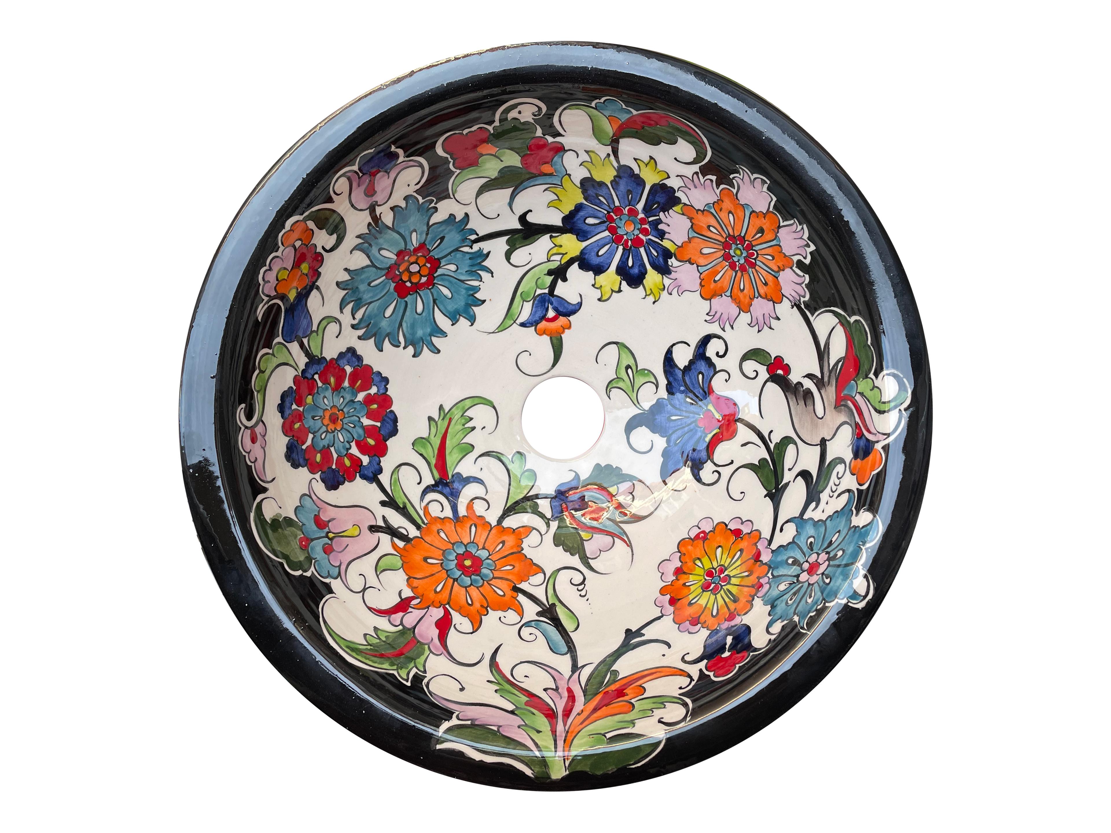 Hand Painted Bathroom Ceramic Vessel Sink Countertop - Multicolor Flowers with Black Rim