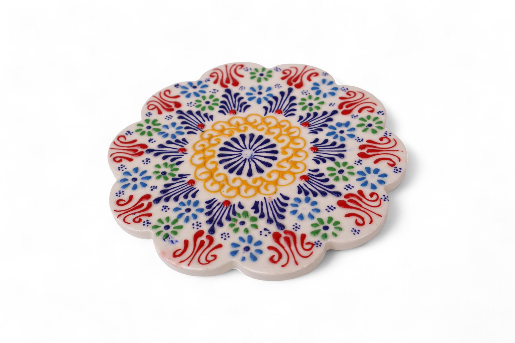 Handcrafted Ceramic Relief Trivet - Embossed Floral Patterns (Variety of Colors) - White