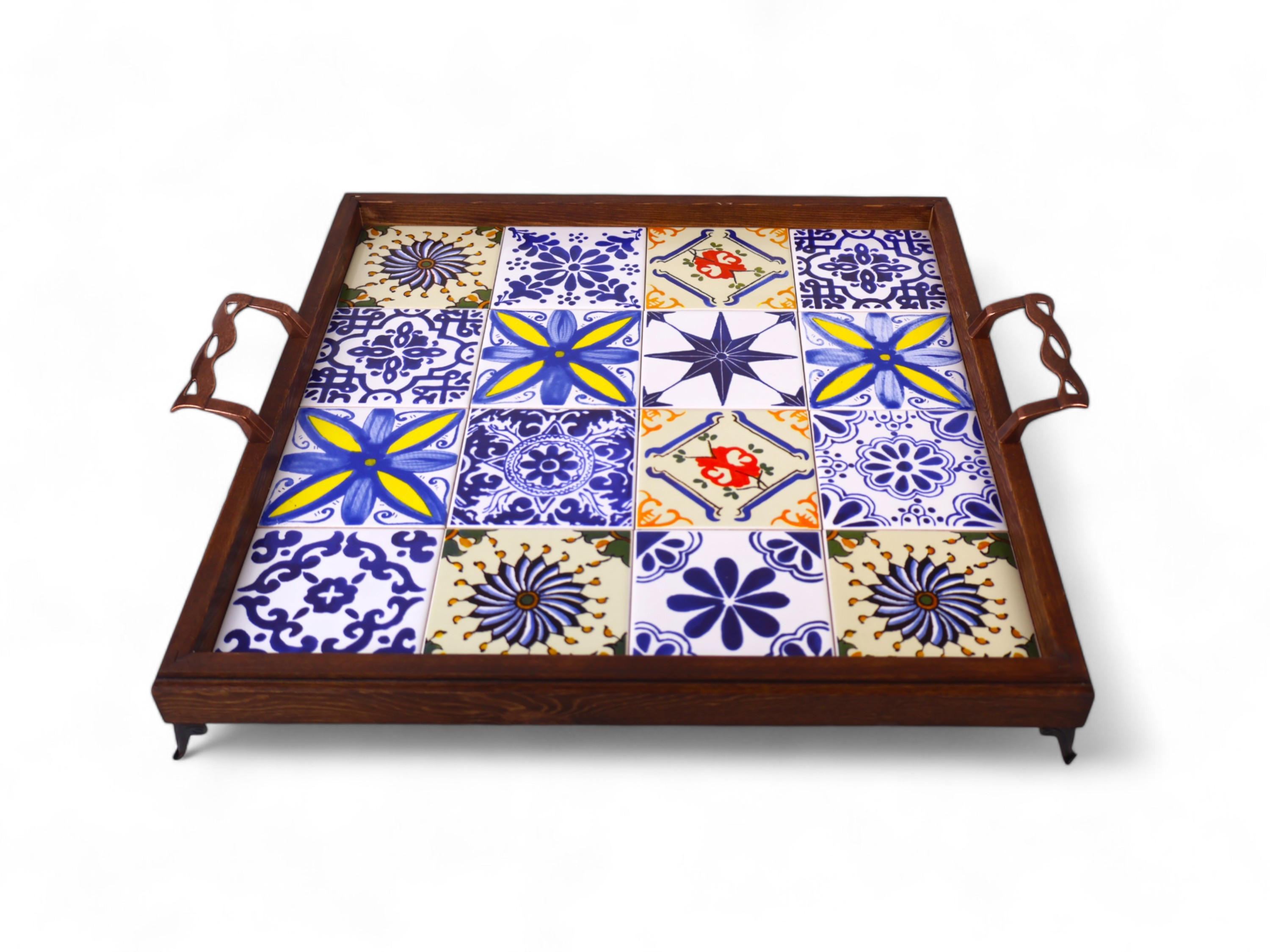 Rustic Wooden Serving Tray with Handles | Handcrafted Mexican & Turkish Tile Design