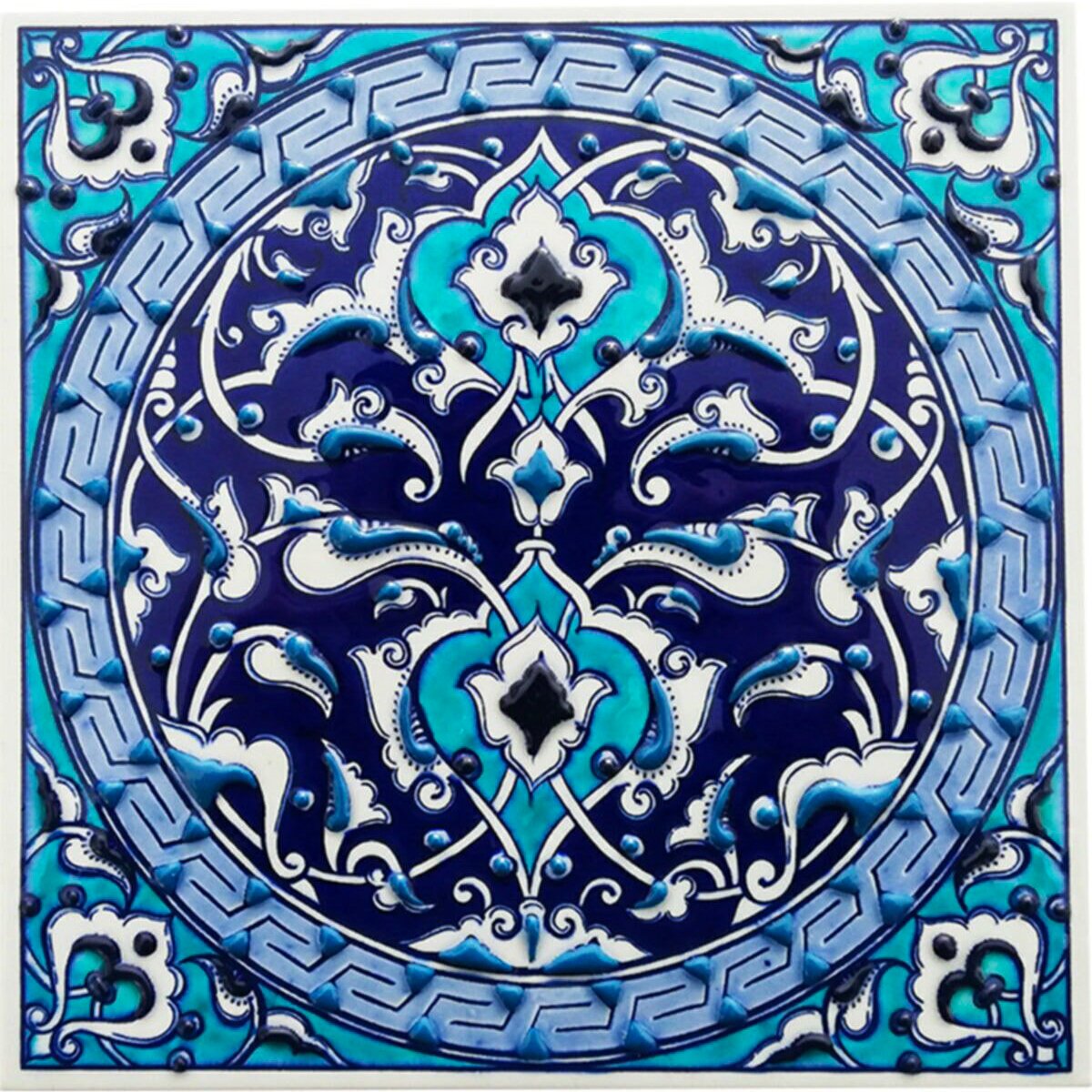 Hand Painted Turkish Ceramic Tile -  Handmade Decorative Geometrical Patterned Tile - 8 in [20Cm] - Zeem Ceramic