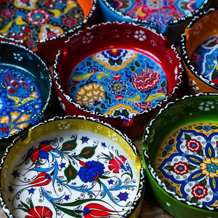 Hand-Painted Ceramic Ashtray – Vibrant Colors with Intricate Embossed Floral Designs