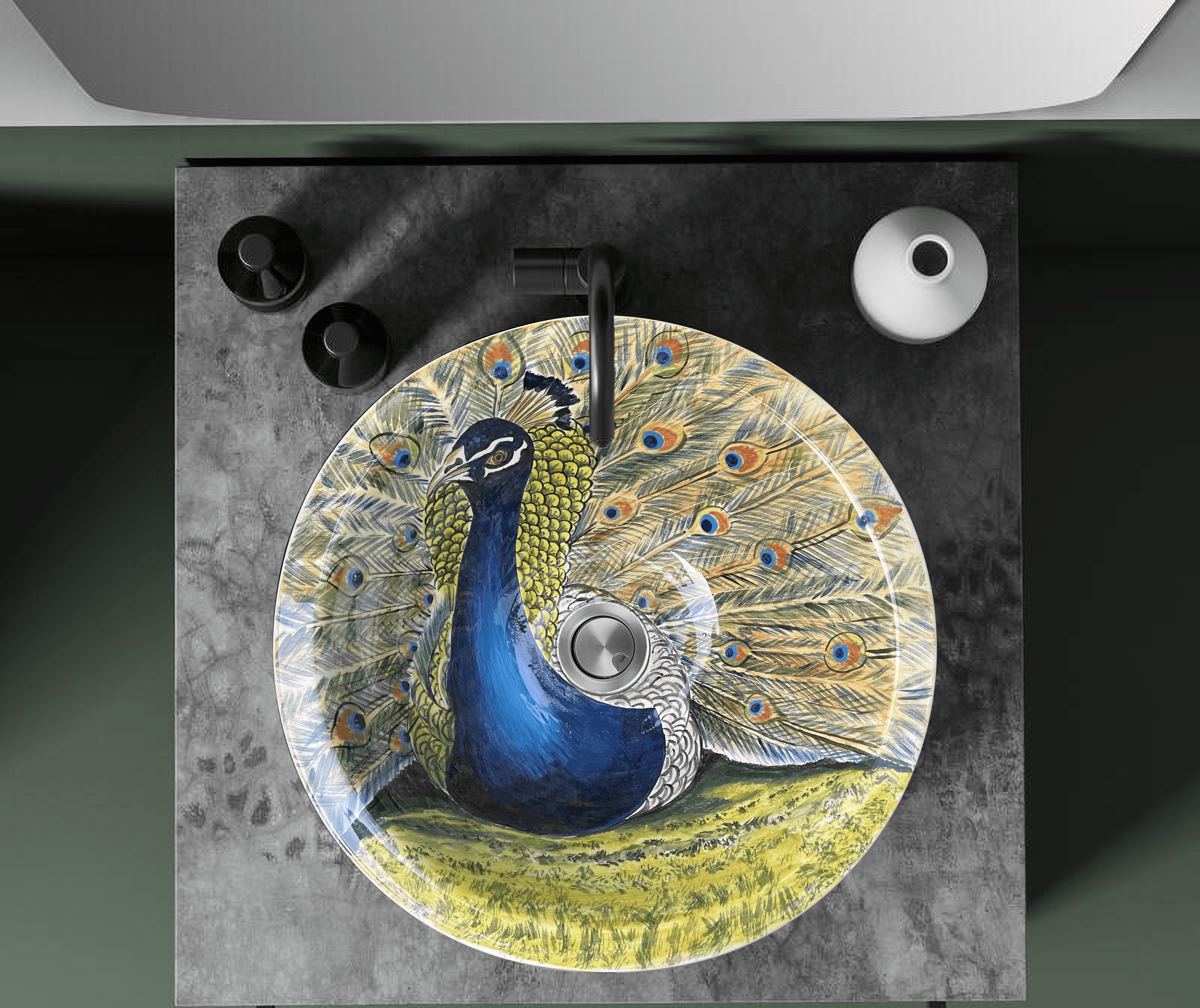 Hand Painted Bathroom Vanity Top Ceramic Vessel Sink - Peacock