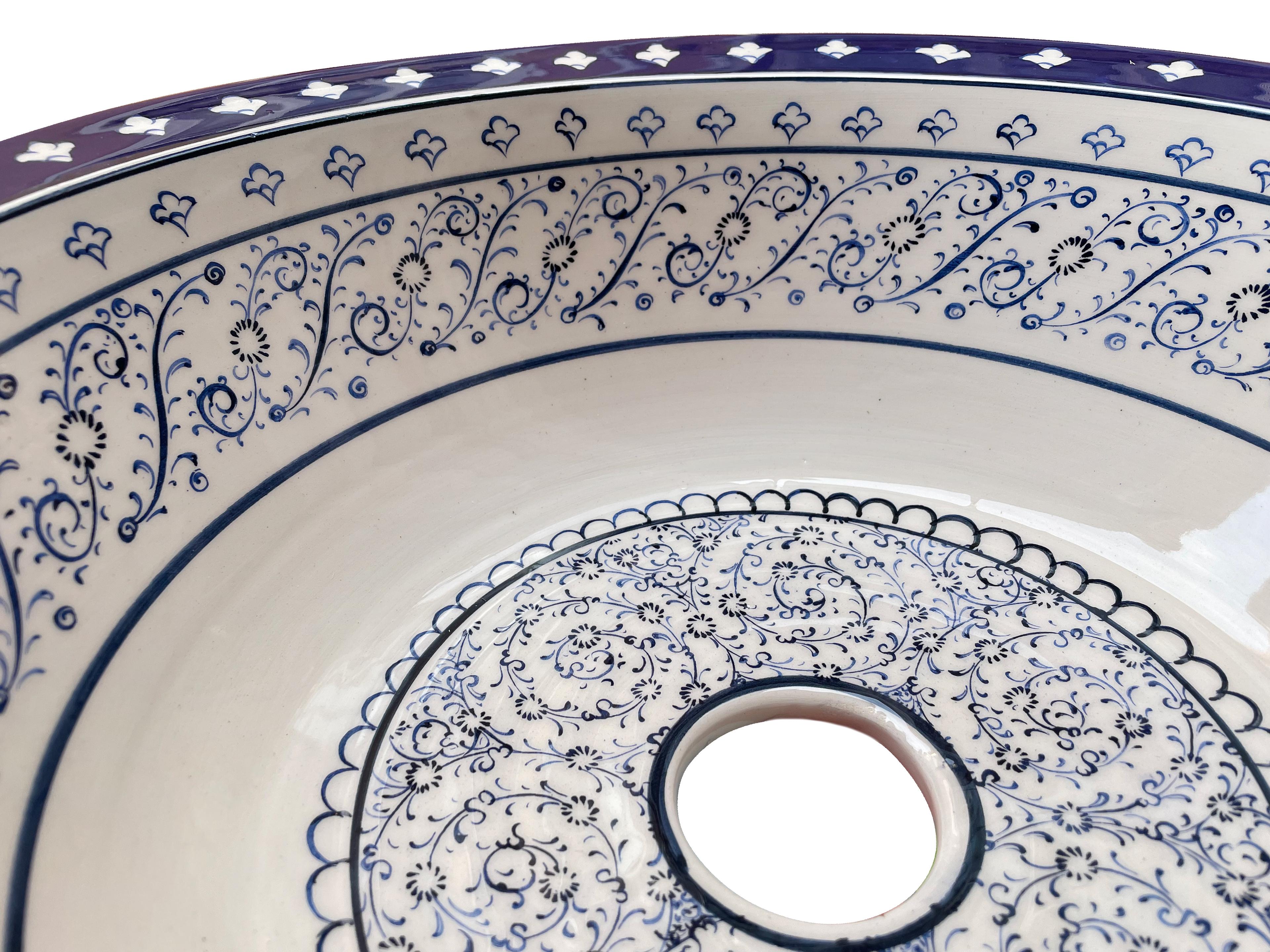 Hand Painted Bathroom Ceramic Vessel Sink Countertop - Blue Golden Horn with Flower Design Rim