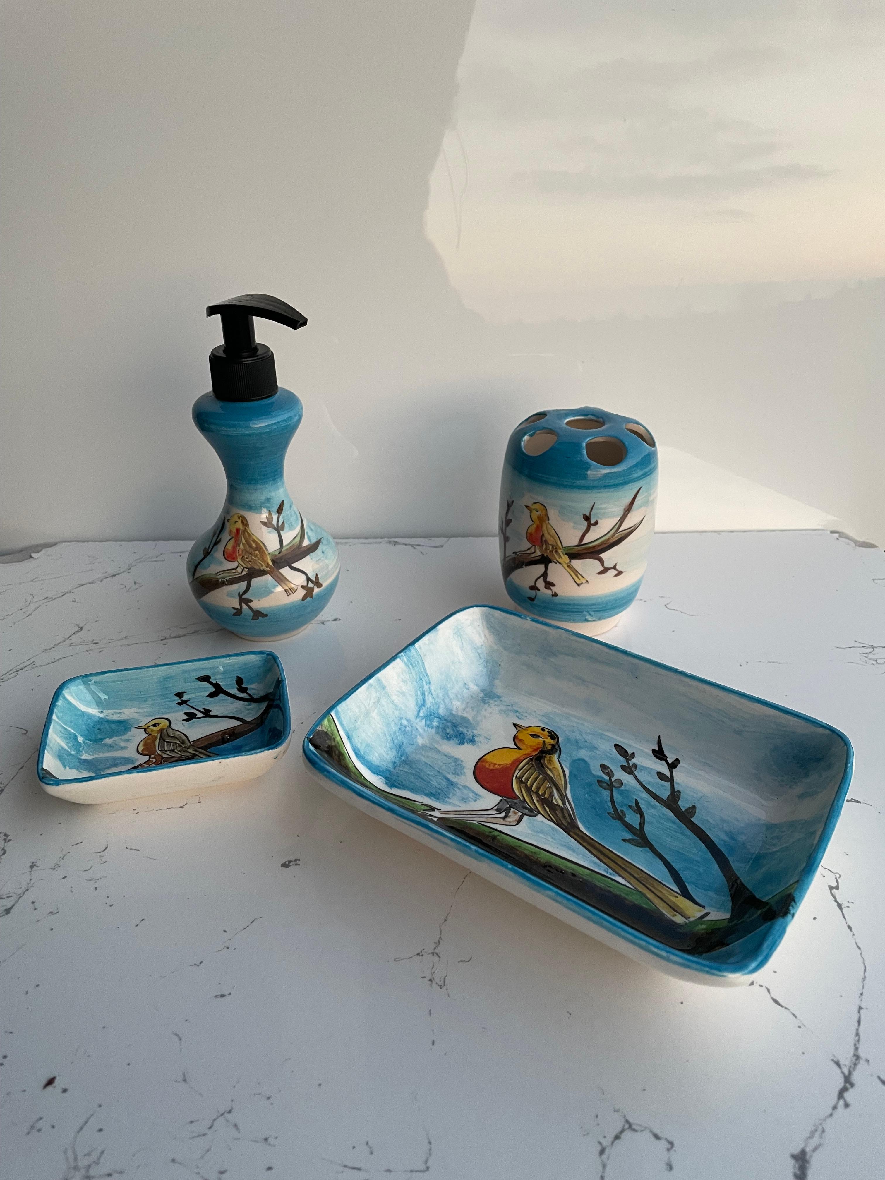 Hand Painted Ceramic Bathroom Accessory Set - Birds