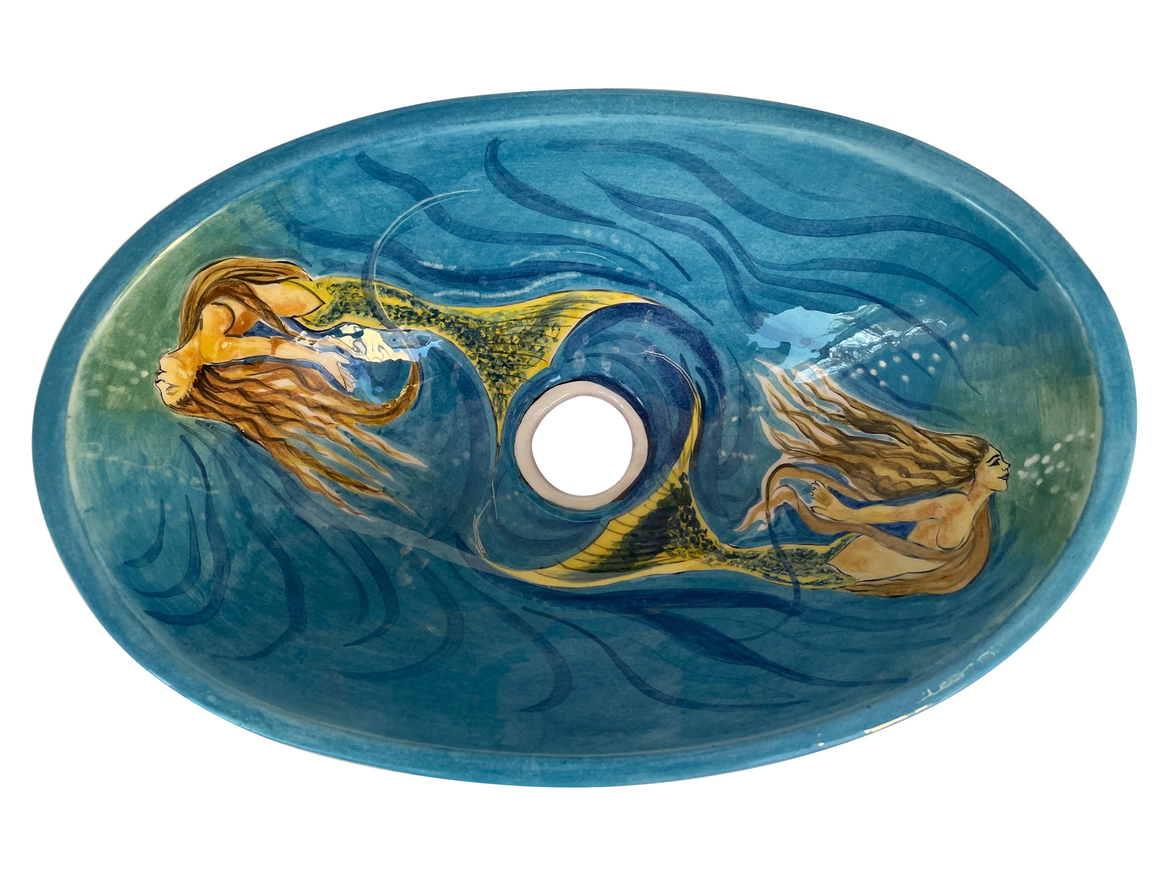 Handcrafted Bathroom Countertop Ceramic Vessel Basin - Ocean and Mermaid