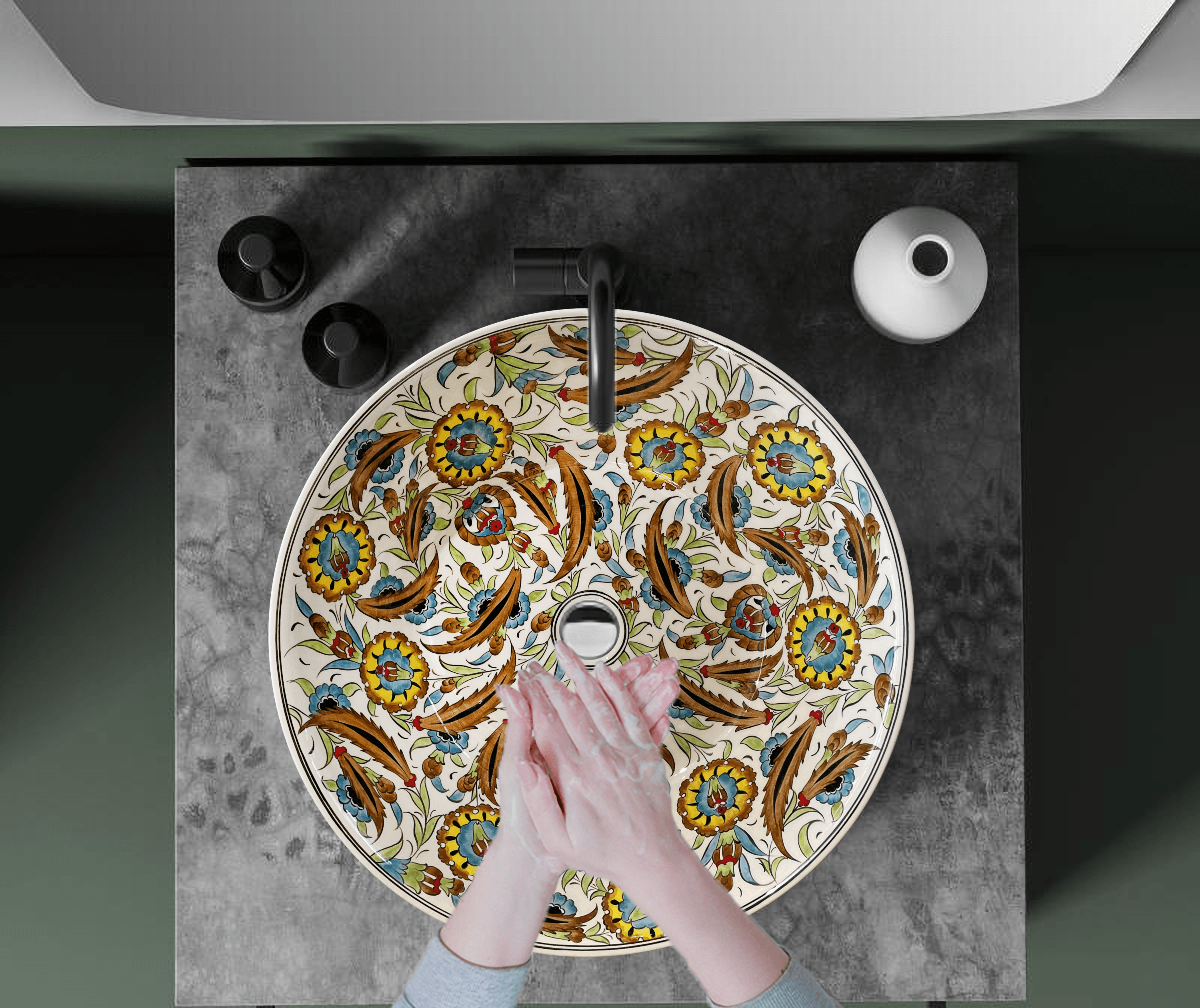 Hand Painted Bathroom Vanity Top Ceramic Vessel Sink - Flowers and Leaves