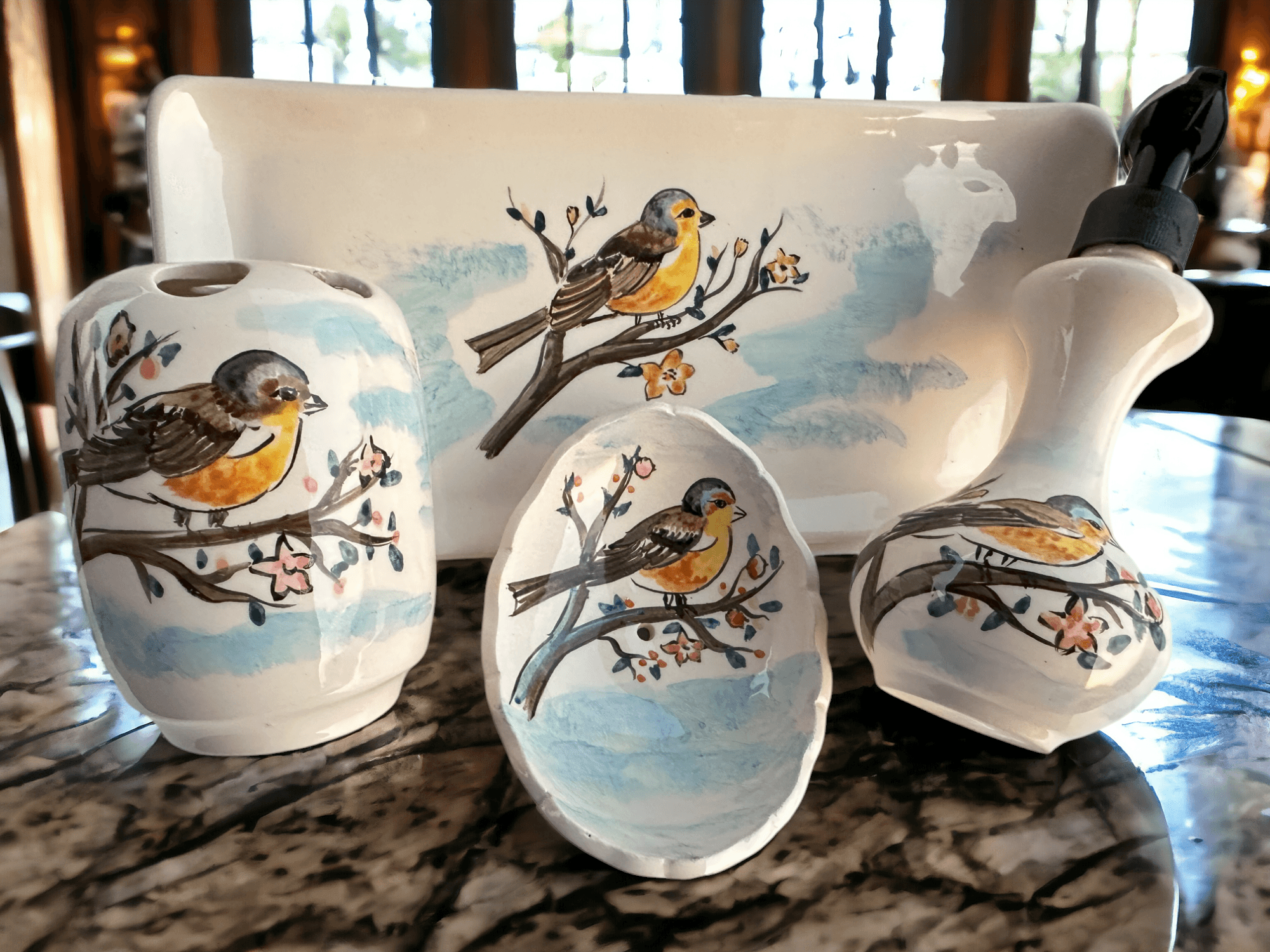 Hand Painted Ceramic Bathroom Accessory Set - Birds in the Sakura