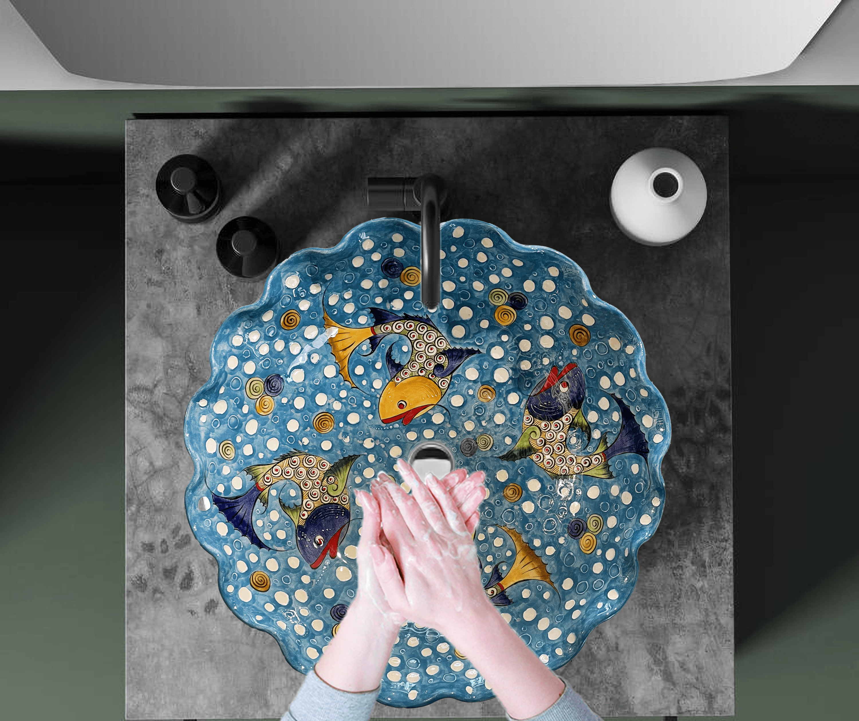 Hand Painted Bathroom Vanity Top Ceramic Vessel Sink - Fishes and White Dots