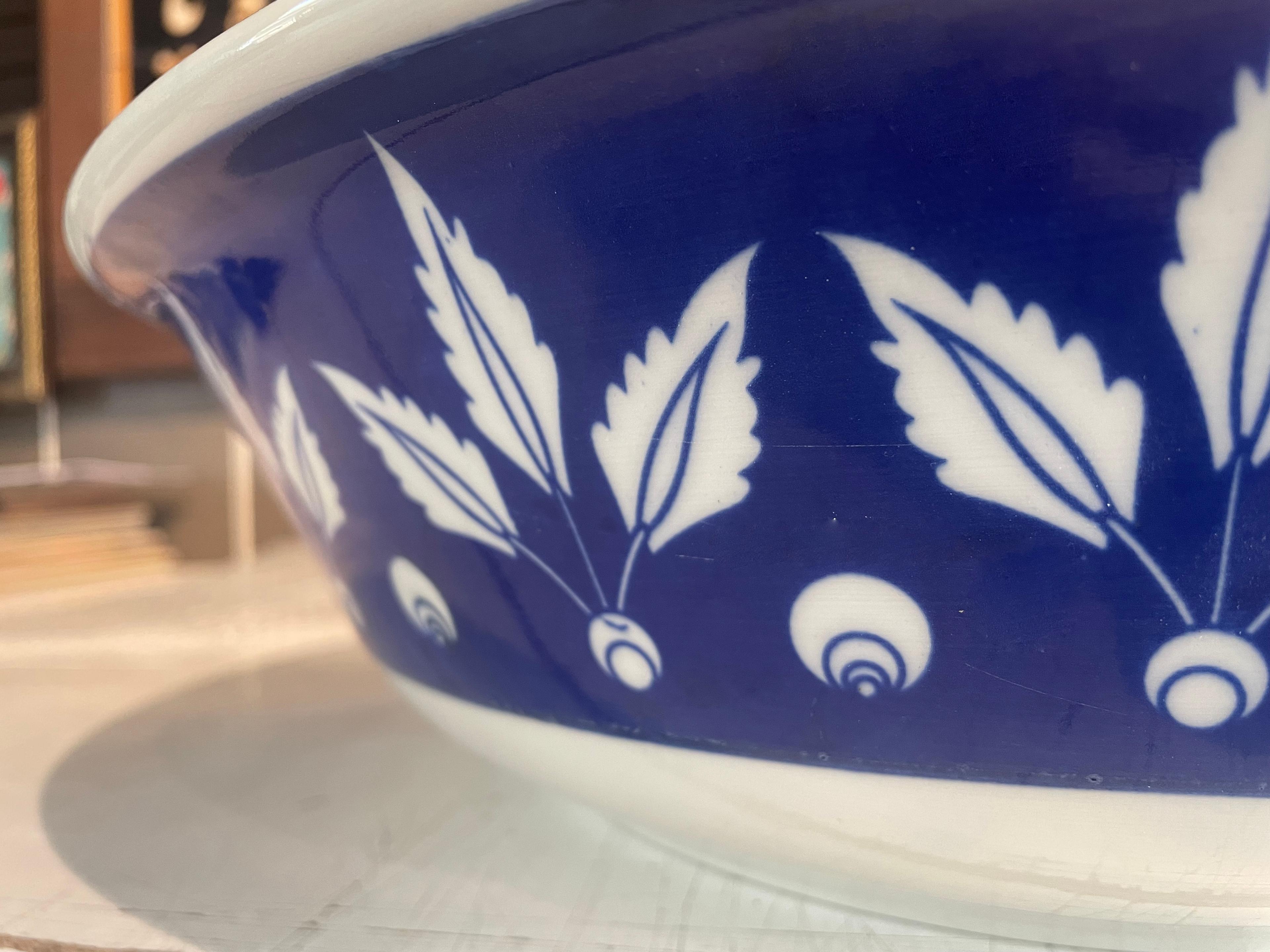 Hand Painted Bathroom Vanity Top Ceramic Vessel Sink - White Leaf and Blue Halic