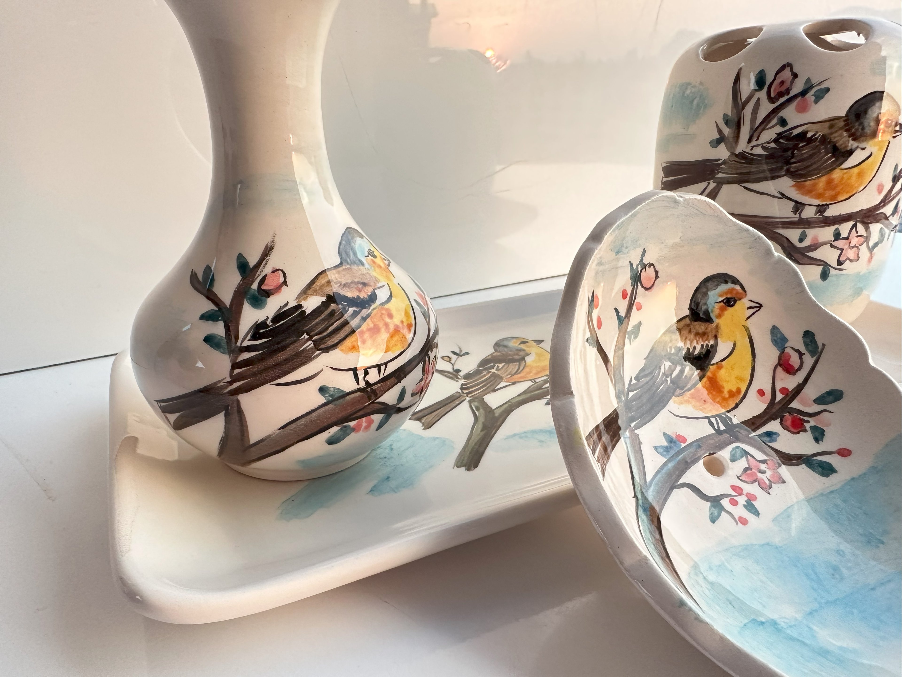 Hand Painted Ceramic Bathroom Accessory Set - Birds in the Sakura