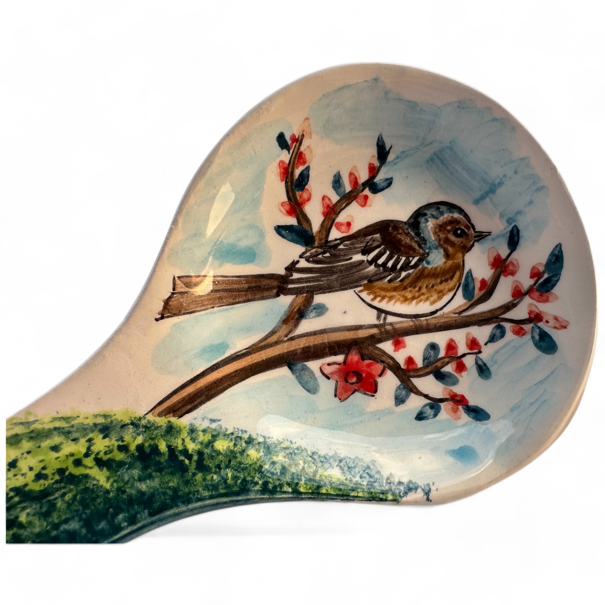 Handcrafted Animal Patterned Ceramic Spoon Rest - Hand Painted Sea Design Spoon Holder - Alone Bird